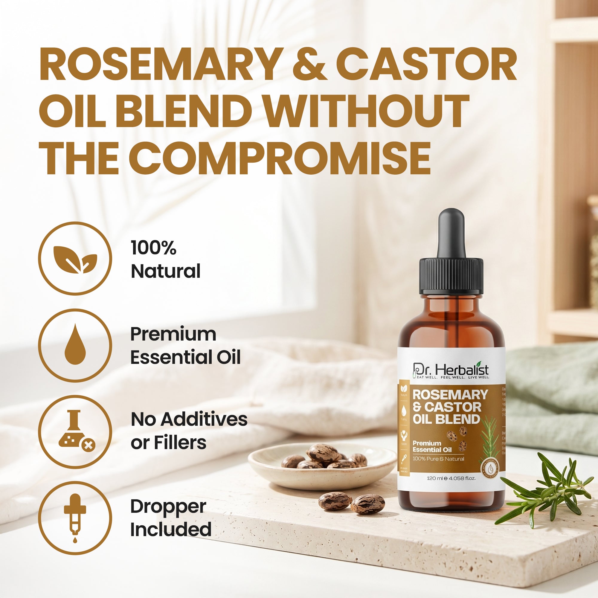 Dr Herbalist Rosemary & Castor Oil Blend 120mL – Premium Multipurpose Oil for Hair Care, Scalp Massage, Skin Care & Personal Wellness