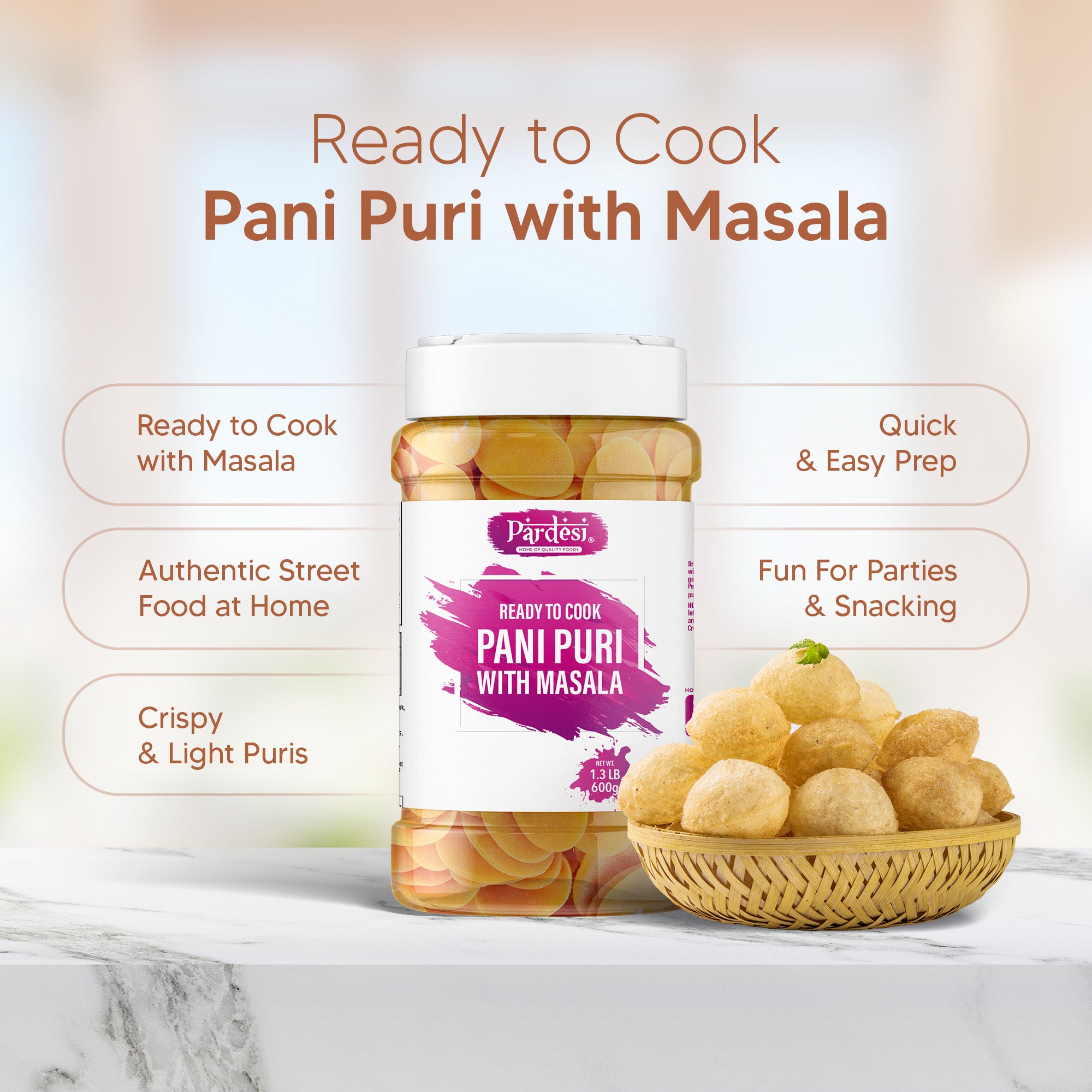 PARDESI Pani Puri 600g Jar | Crispy Golgappa Puri Shells | Ready to Fill Indian Street Snack | Crunchy Pani Puri for Homemade Chaat