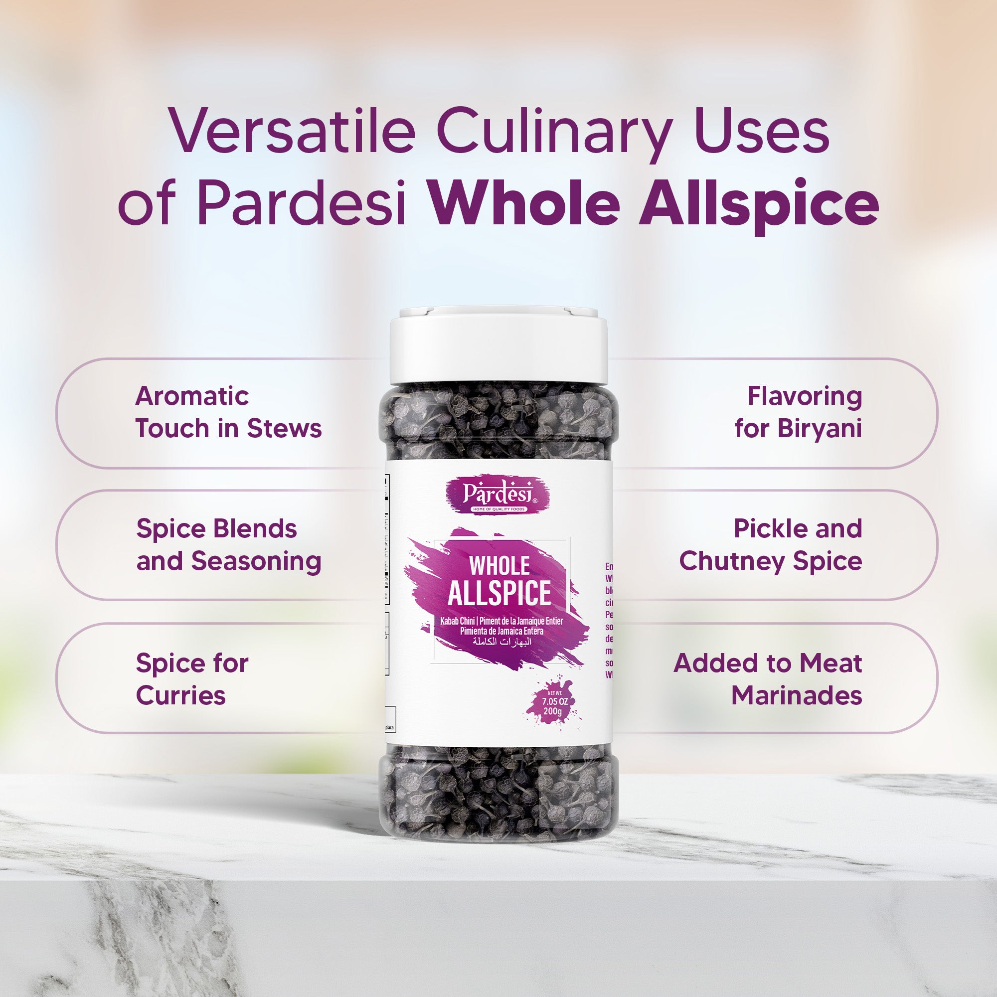 Pardesi Whole Allspice Berries (Kabab Chini) 200g — Premium Pimenta Dioica for Biryani, Baking & Spice Blends | Halal, Non-GMO, Vegan | Dual-Cap Jar