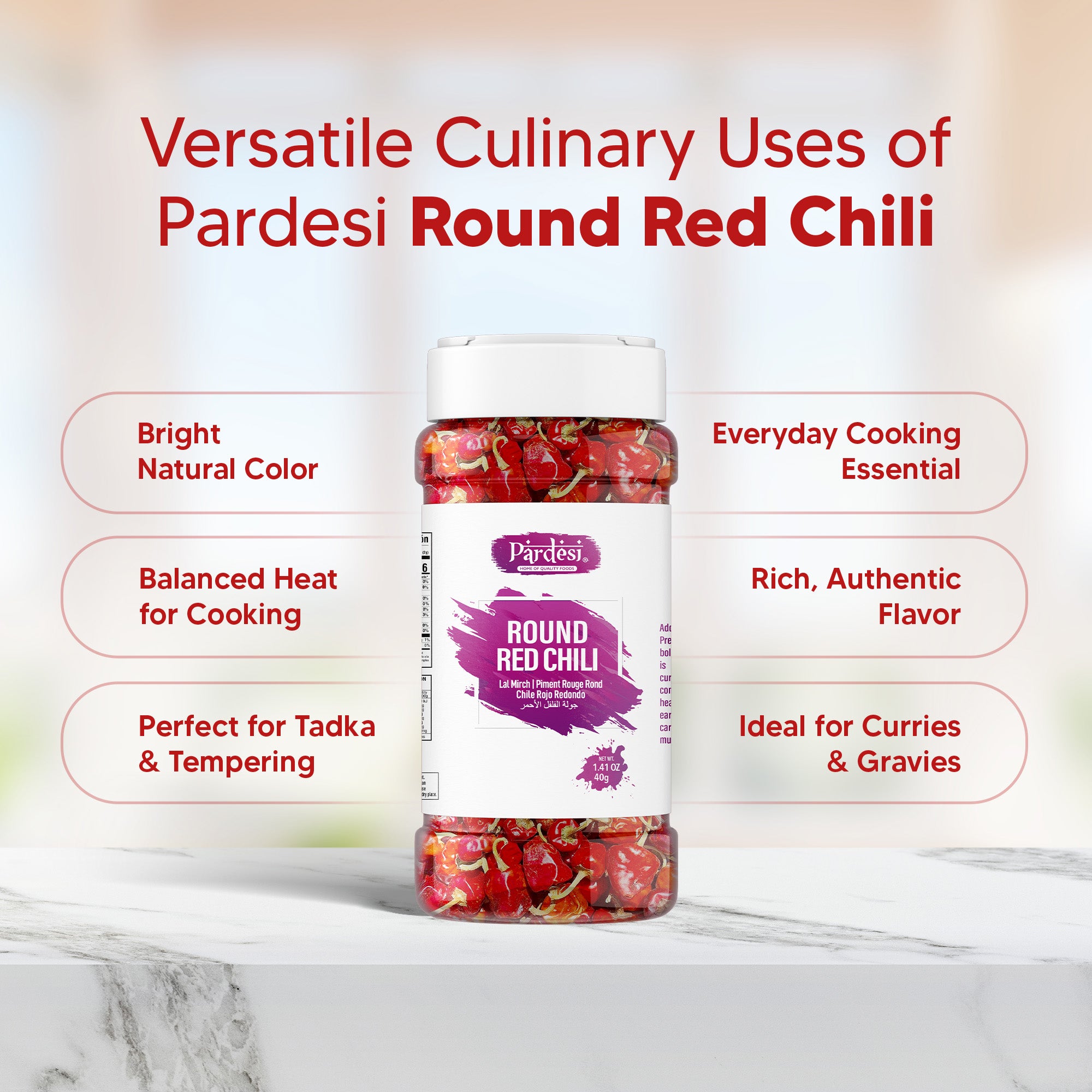 Pardesi Whole Round Chili 40g Jar – Dried Red Round Chilies for Cooking & Spice Blends
