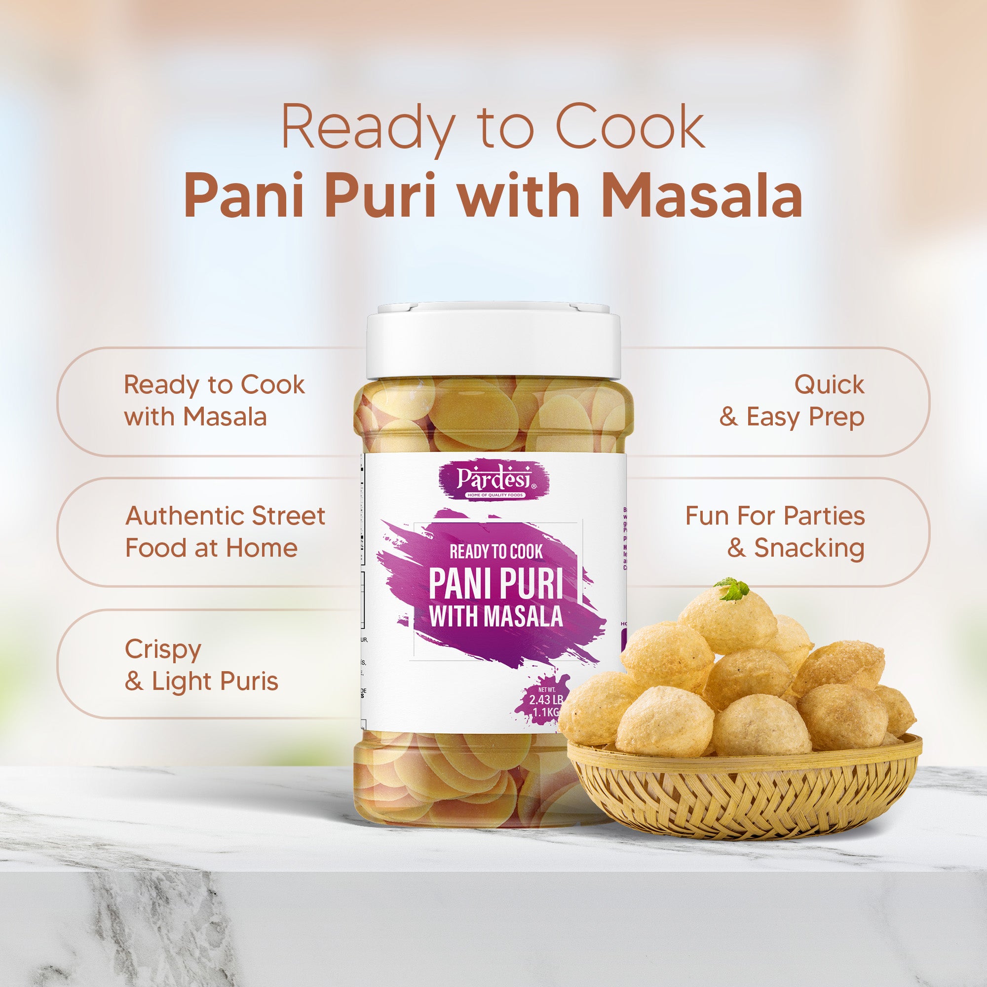 Pardesi Pani Puri with Masala 2.43LB Jar - Premium Quality for Cooking & Spice Blends | Halal, Non-GMO, Vegan | Dual-Cap Jar