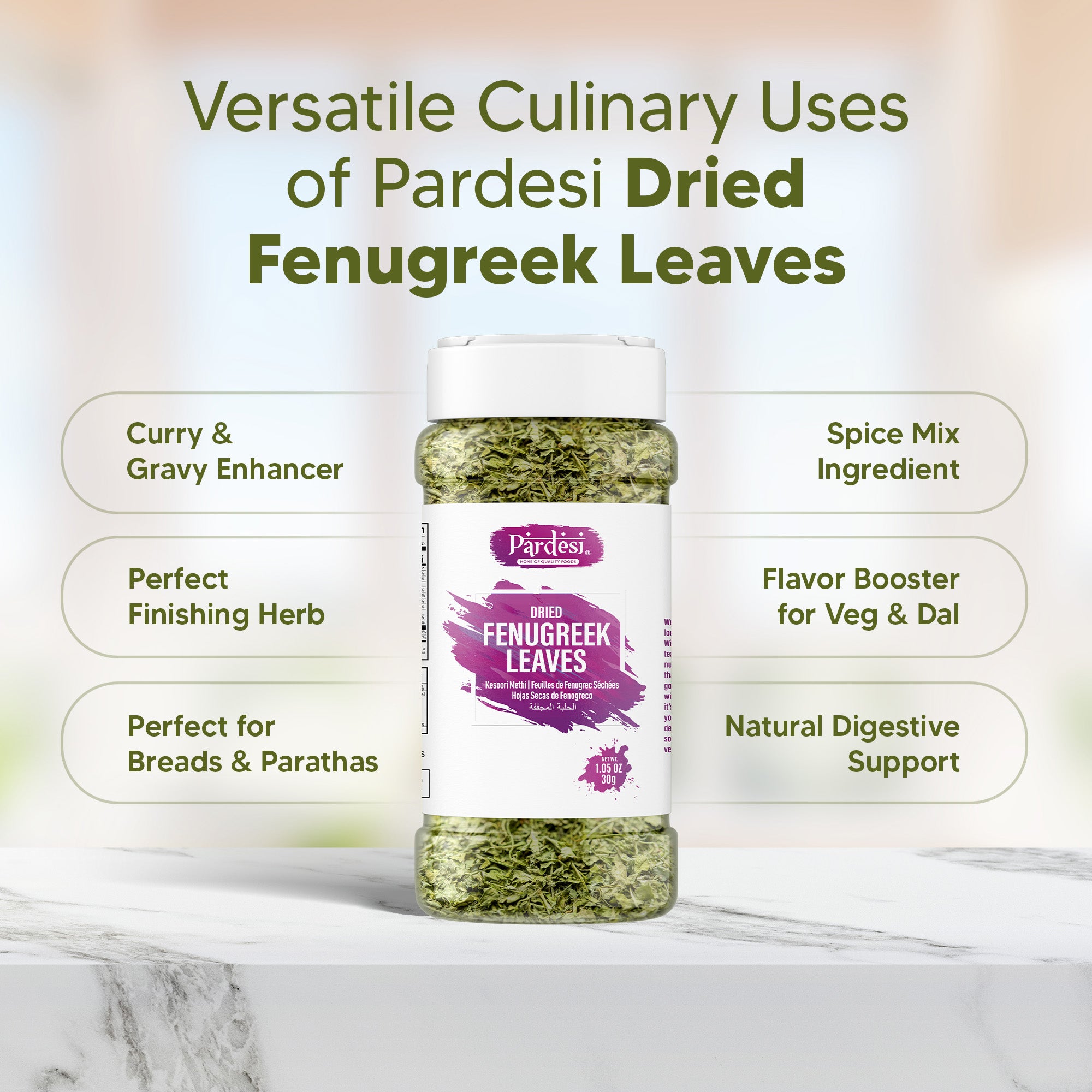 Pardesi Dried Fenugreek Leaves (Kasoori Methi) 30g — Premium Crushed Methi for Butter Chicken, Naan & Curry Finishing | Halal, Non-GMO | Dual-Cap Jar