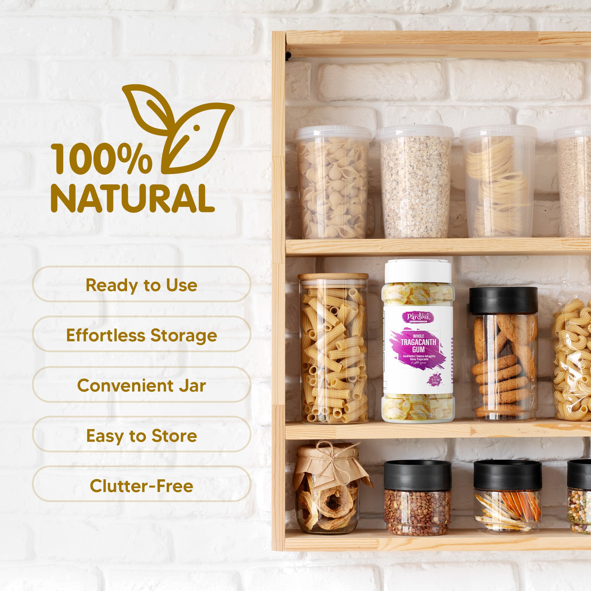 Pardesi Gond Katira (Tragacanth Gum) 260g Jar - Traditional Cooling Summer Ingredient | Halal, Non-GMO, Vegan | Dual-Cap Jar
