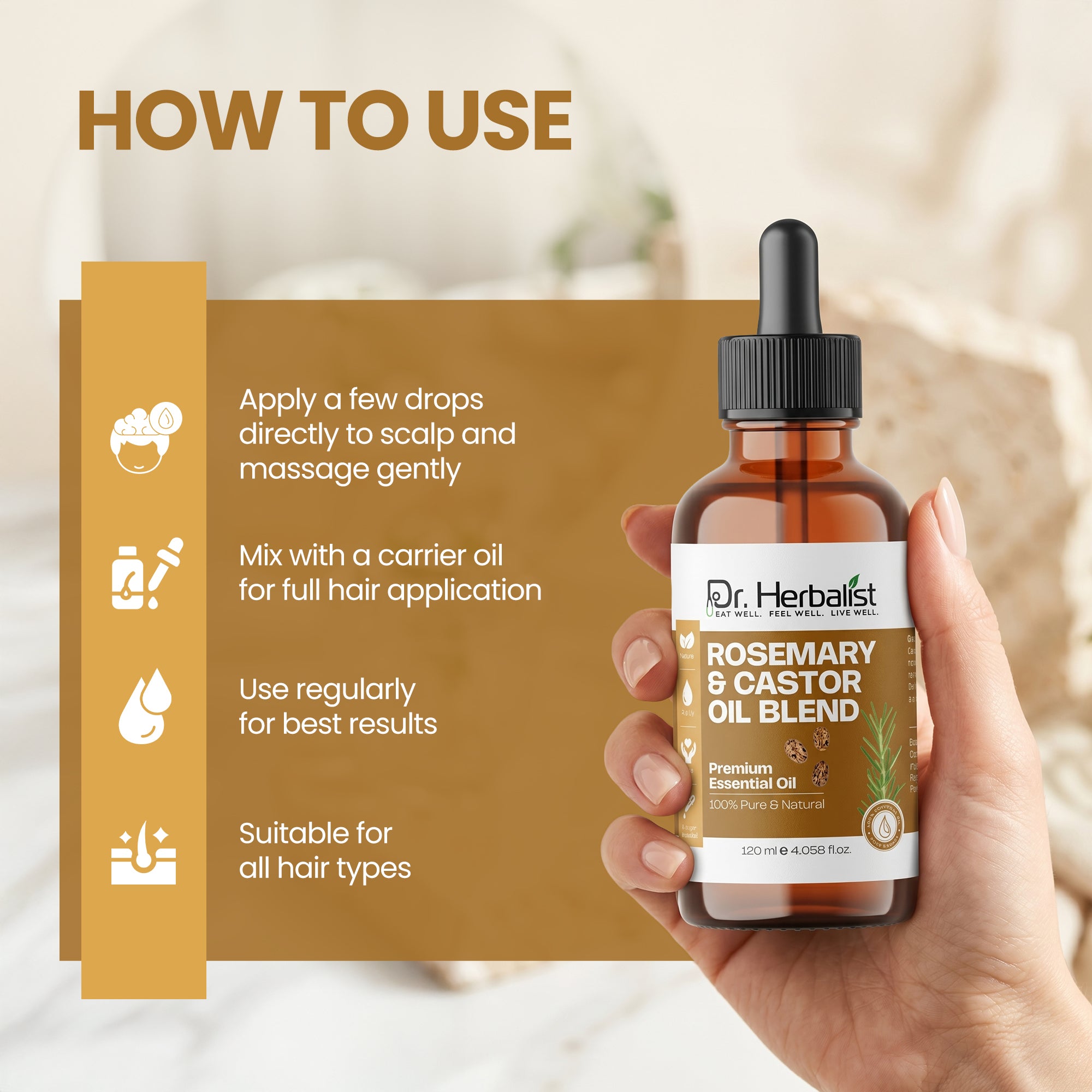 Dr Herbalist Rosemary & Castor Oil Blend 120mL – Premium Multipurpose Oil for Hair Care, Scalp Massage, Skin Care & Personal Wellness