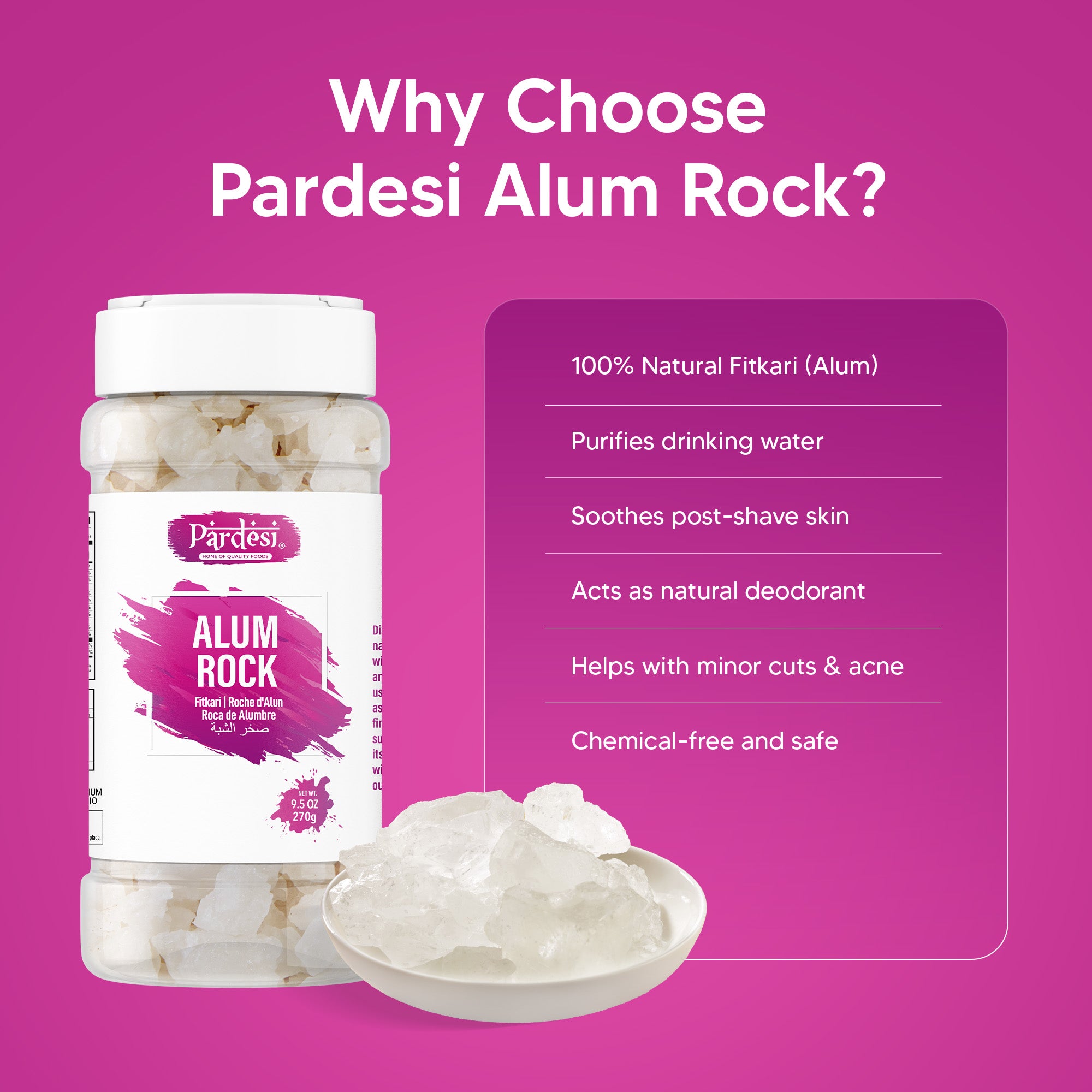 Pardesi Fitkari Whole (Alum Crystal) 270gm | Natural Potash Alum Rock | Multi-Purpose for Water - Image 5