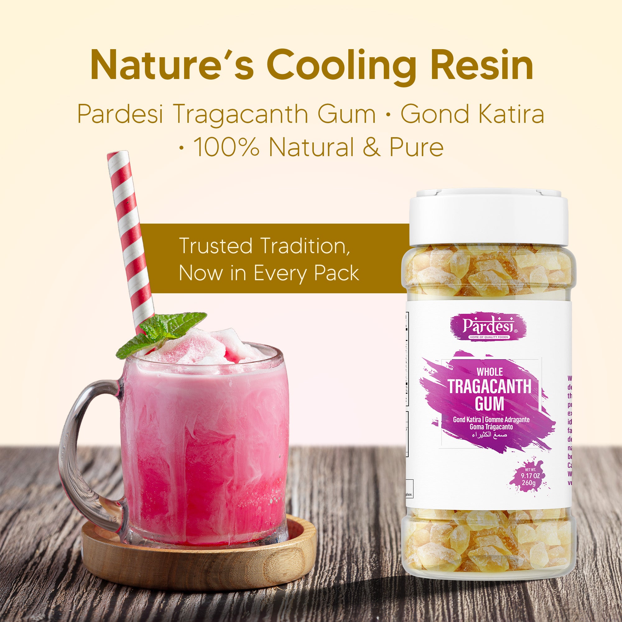 Pardesi Gond Katira (Tragacanth Gum) 260g Jar - Traditional Cooling Summer Ingredient | Halal, Non-GMO, Vegan | Dual-Cap Jar