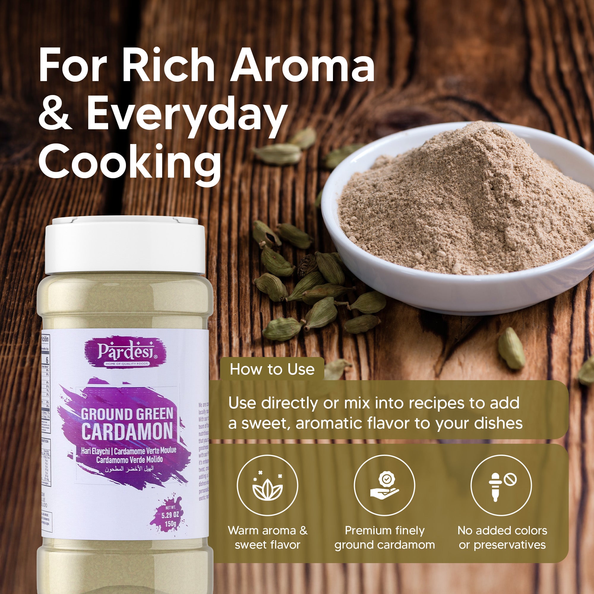 Pardesi Cardamom Powder 150g Jar – Premium Ground Elaichi Spice for Tea, Desserts & Cooking | Aromatic & Fresh | Halal | Dual-Cap Jar