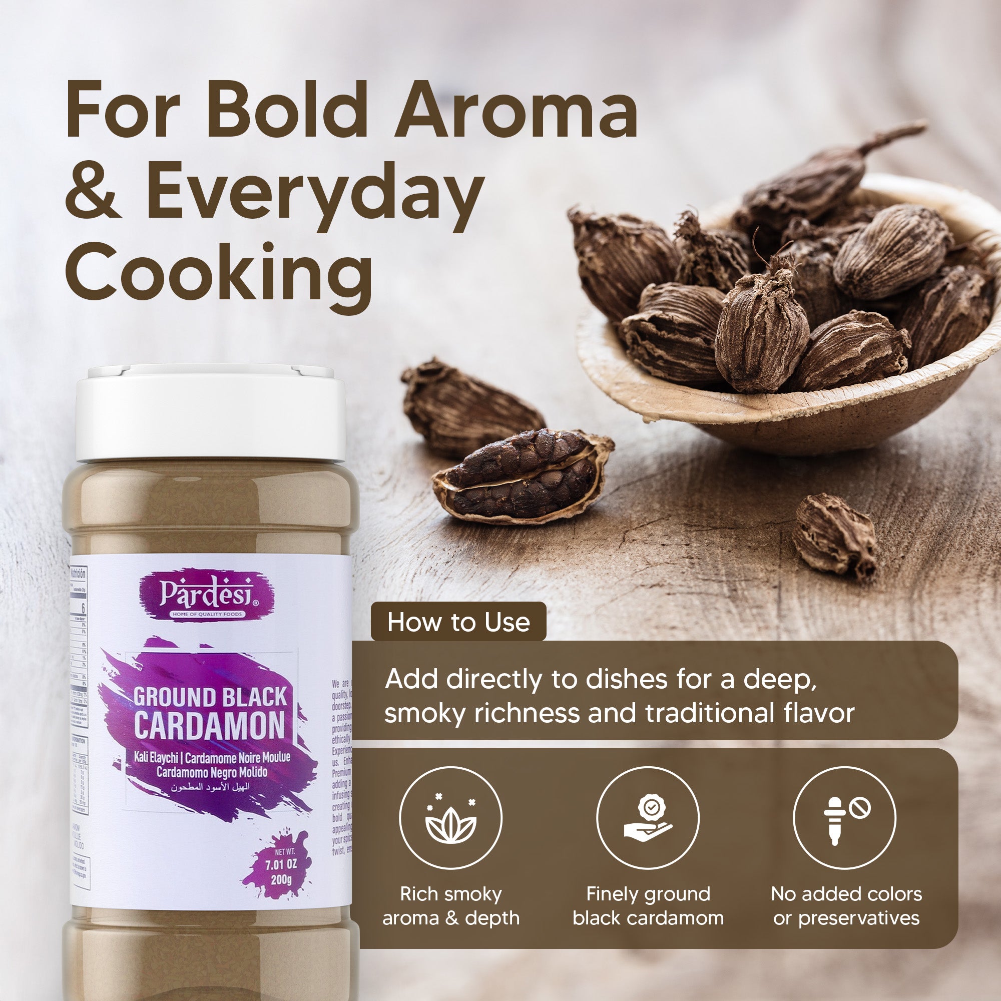 Pardesi Black Cardamom Powder (Badi Elaichi) 200g — Smoky Ground Black Cardamom for Biryani, Garam Masala & Curry | Halal, Non-GMO | Dual-Cap Jar