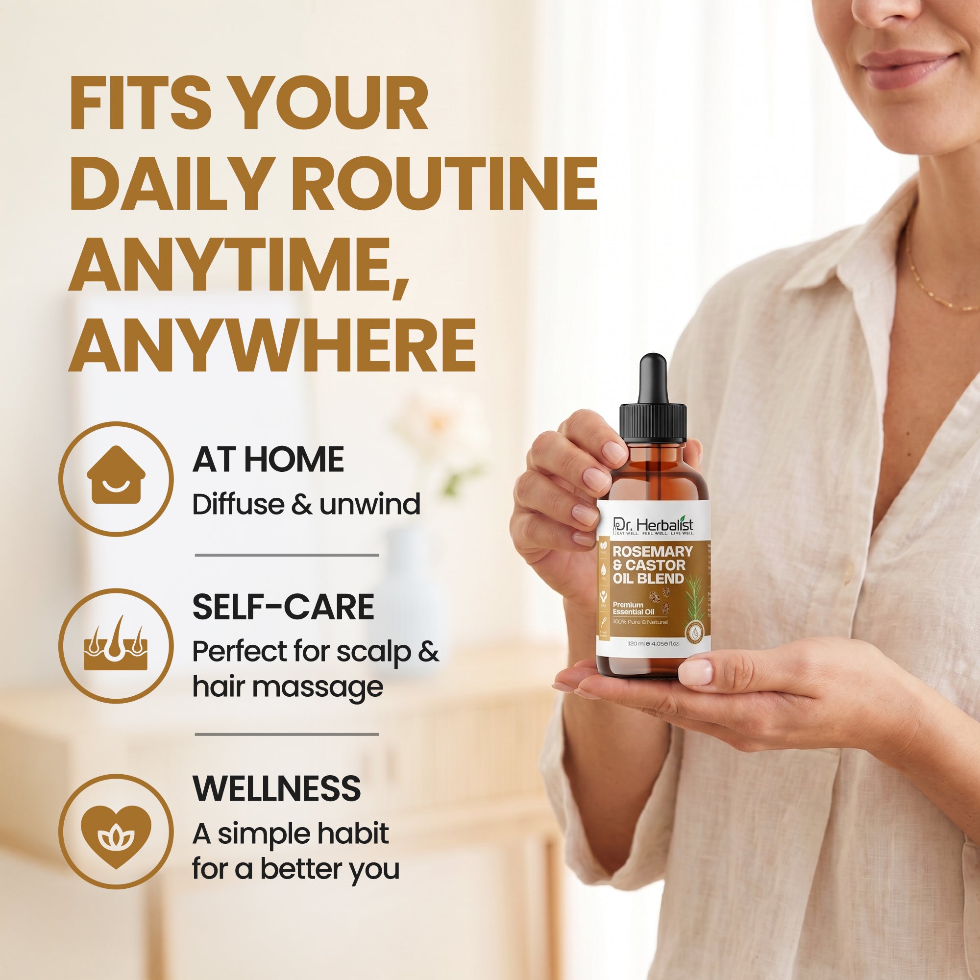 Dr Herbalist Rosemary & Castor Oil Blend 120mL – Premium Multipurpose Oil for Hair Care, Scalp Massage, Skin Care & Personal Wellness
