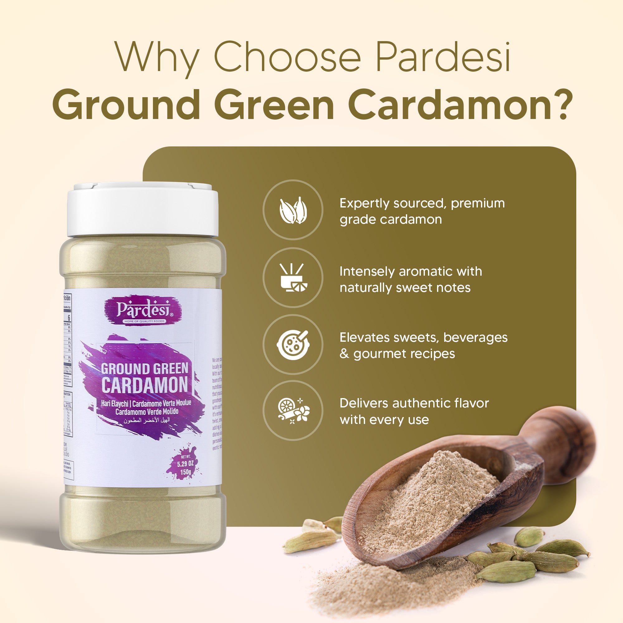 Pardesi Cardamom Powder 150g Jar – Premium Ground Elaichi Spice for Tea, Desserts & Cooking | Aromatic & Fresh | Halal | Dual-Cap Jar