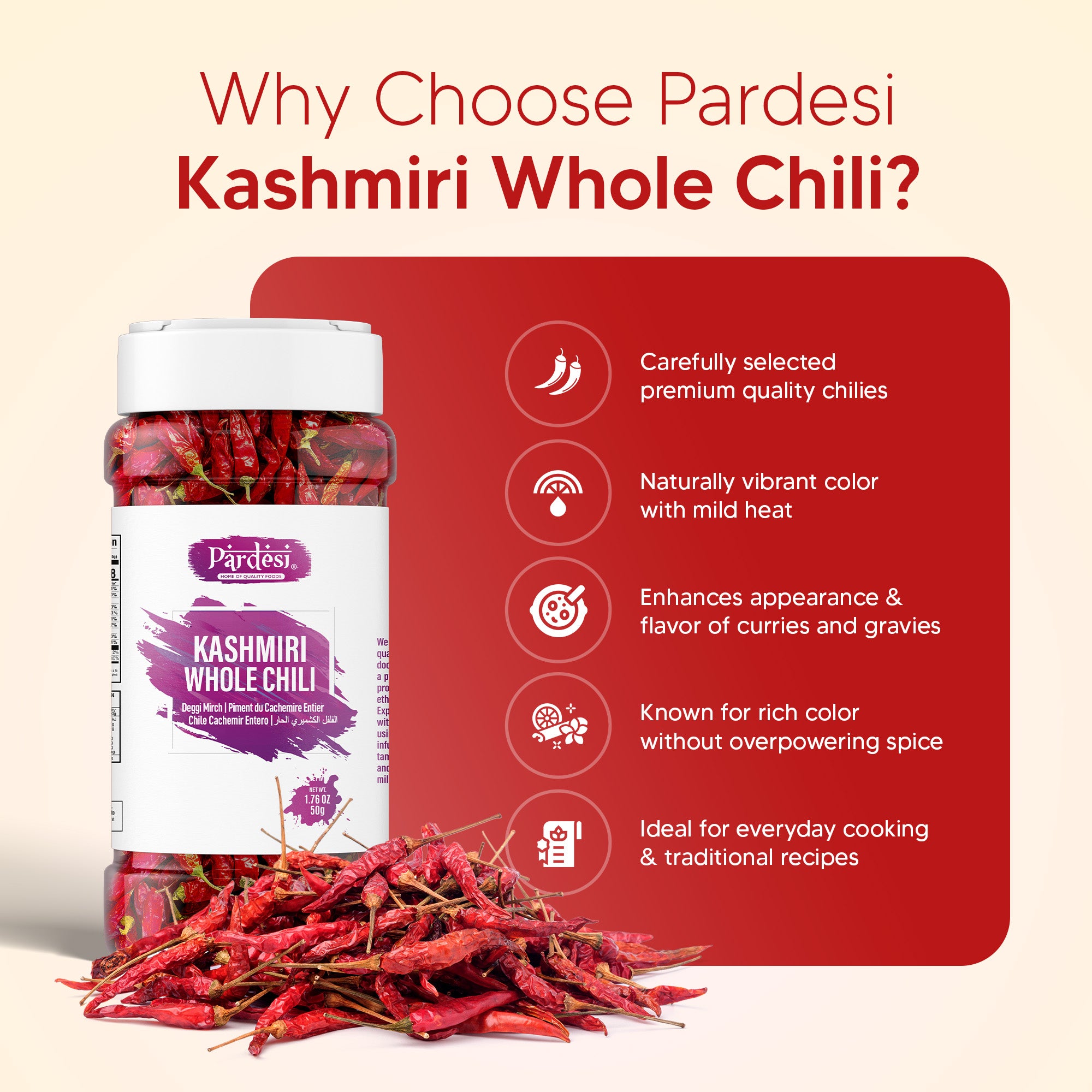Pardesi Kashmiri Whole Chili (Kashmiri Mirch) 50g — Mild Heat, Deep Red Color for Tandoori, Curry & Rogan Josh | Halal, Non-GMO | Dual-Cap Jar