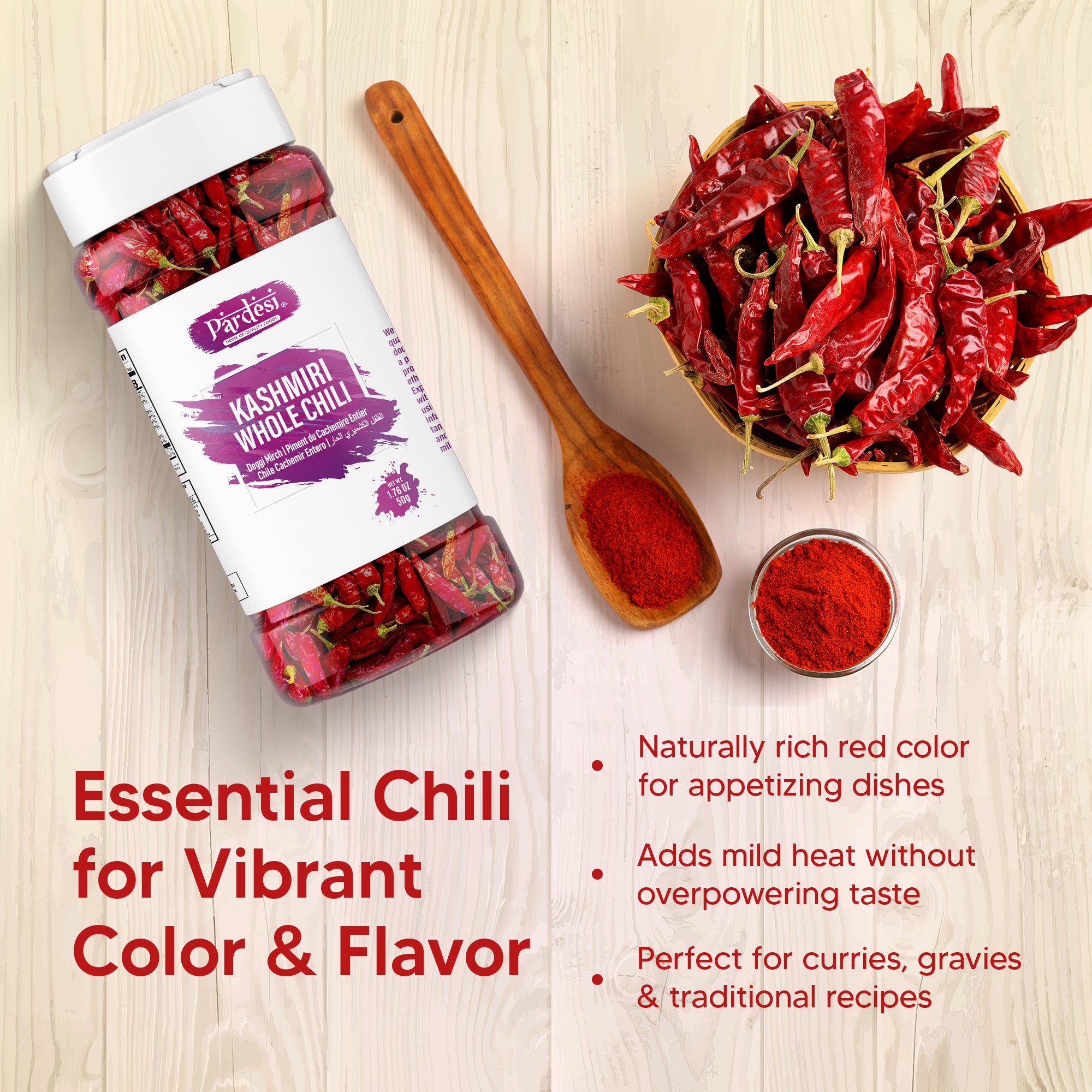 Pardesi Kashmiri Whole Chili (Kashmiri Mirch) 50g — Mild Heat, Deep Red Color for Tandoori, Curry & Rogan Josh | Halal, Non-GMO | Dual-Cap Jar