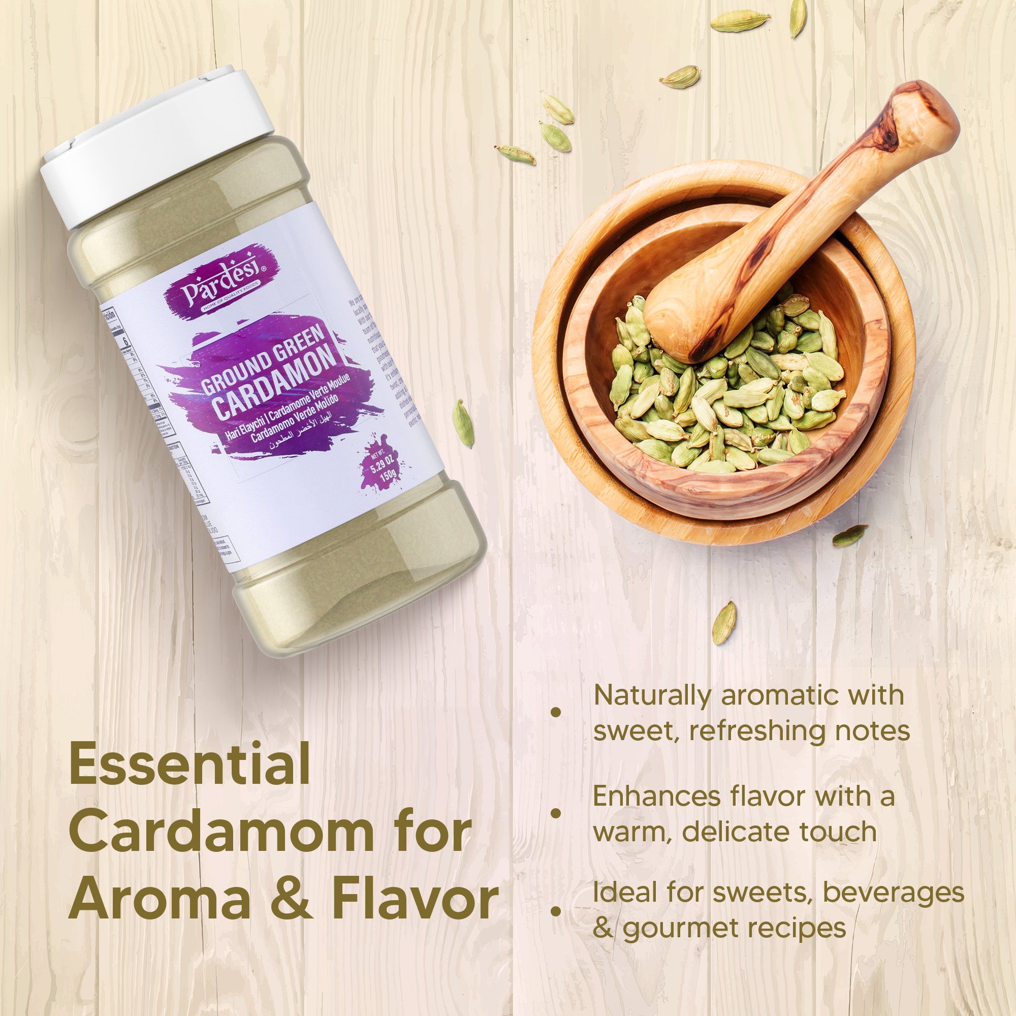Pardesi Cardamom Powder 150g Jar – Premium Ground Elaichi Spice for Tea, Desserts & Cooking | Aromatic & Fresh | Halal | Dual-Cap Jar