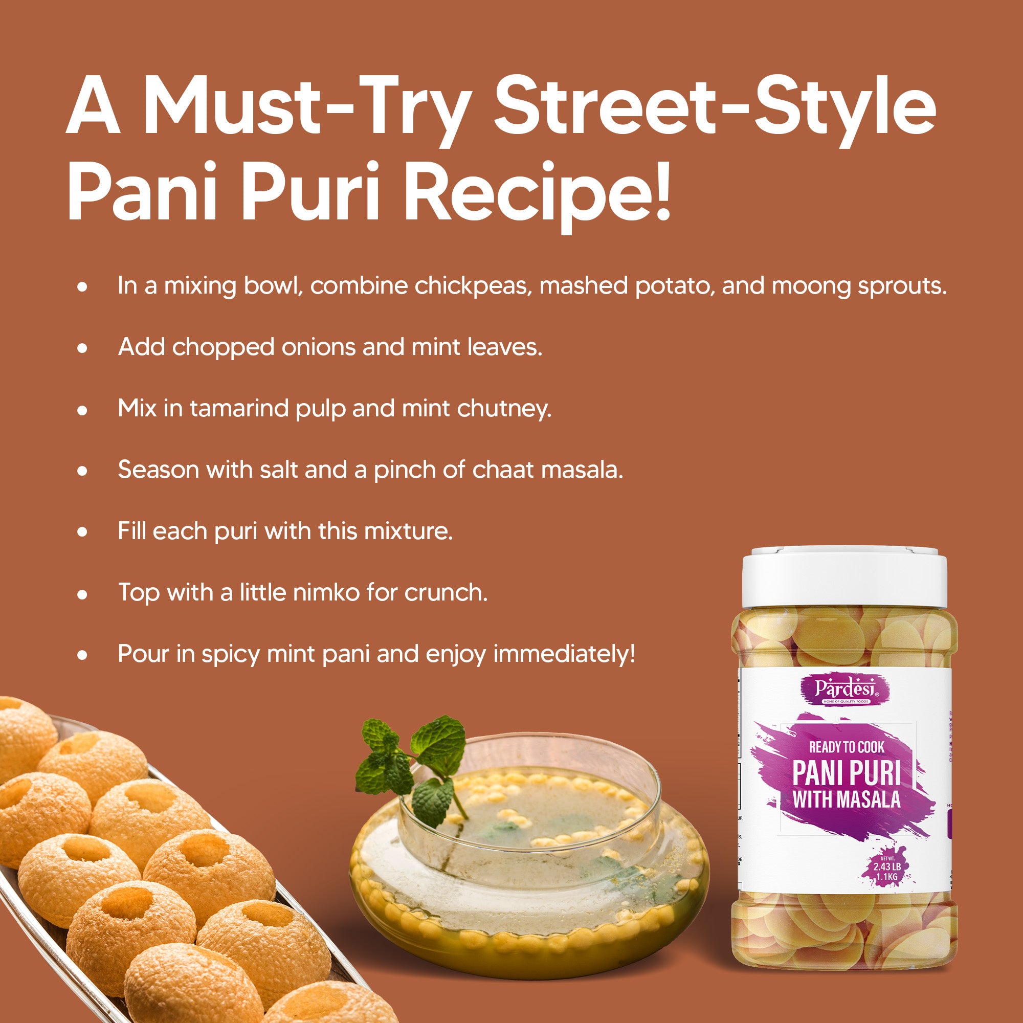 Pardesi Pani Puri with Masala 2.43LB Jar - Premium Quality for Cooking & Spice Blends | Halal, Non-GMO, Vegan | Dual-Cap Jar