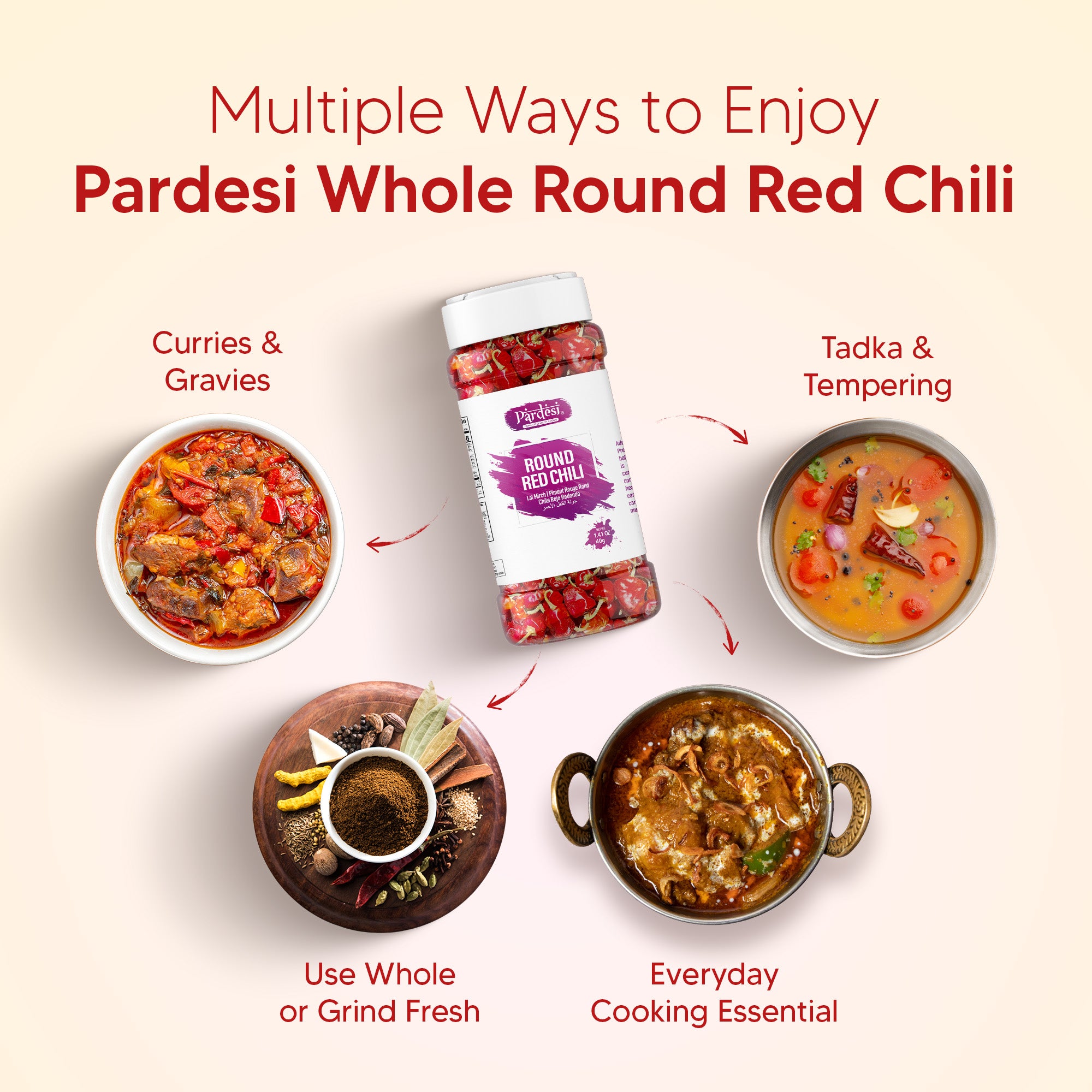 Pardesi Whole Round Chili 40g Jar – Dried Red Round Chilies for Cooking & Spice Blends