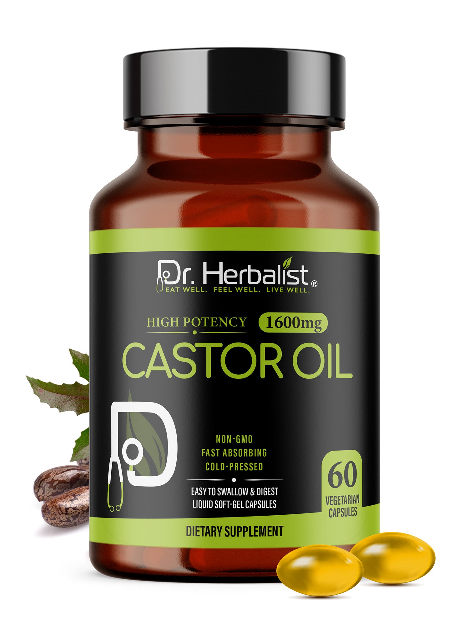 Dr. HERBALIST Castor Oil Capsules 1600mg - Cold Pressed Ricinus Communis Softgels | Supports Digestive Wellness & Hair Skin Vitality* | Halal, Non-GMO, Vegan | 60ct