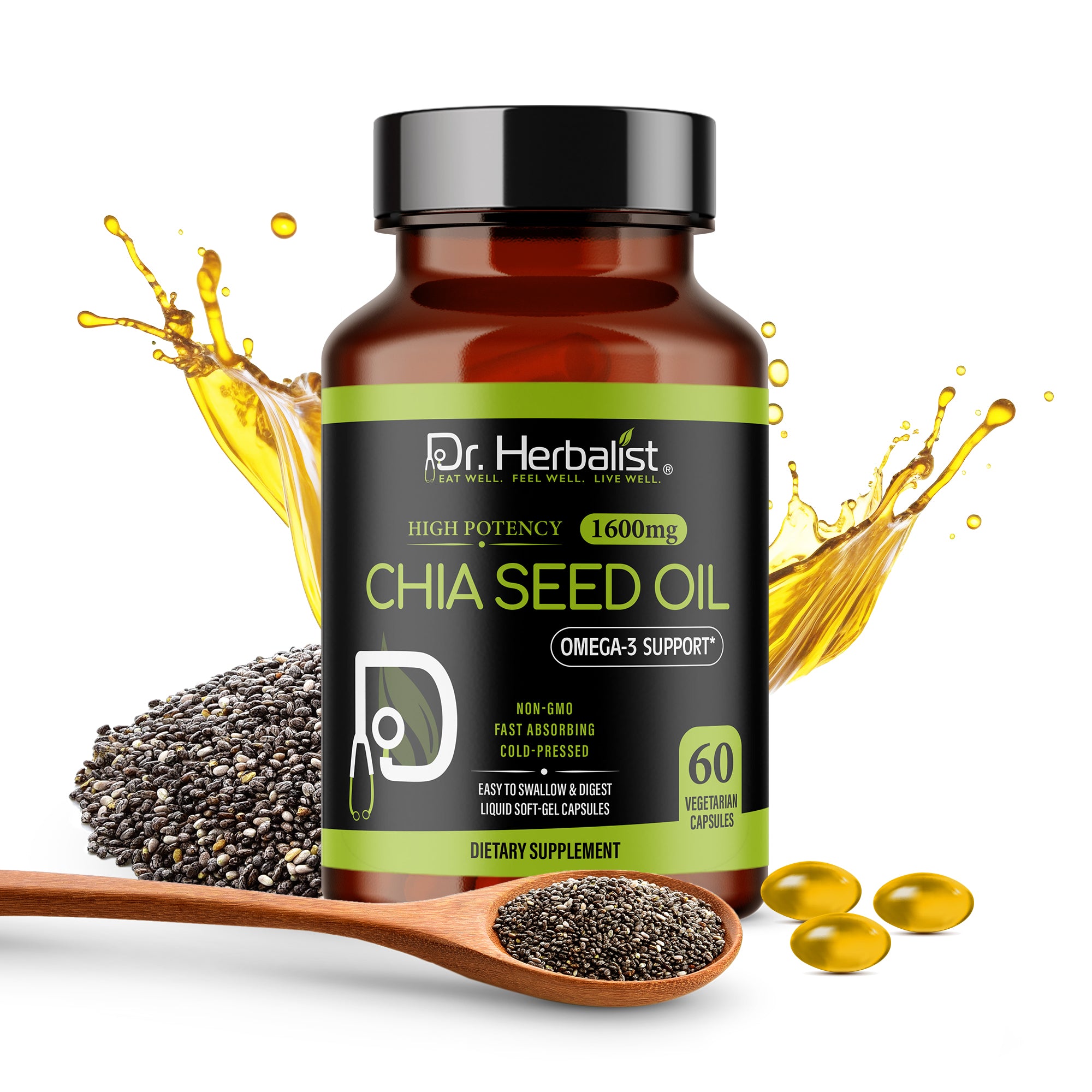 Dr Herbalist Chia Seed Oil 60 Capsules | Cold Pressed | Rich in Omega-3, Fiber & Antioxidants | Heart, Skin, Hair & Joint Health Supplement | Plant-Based Wellness