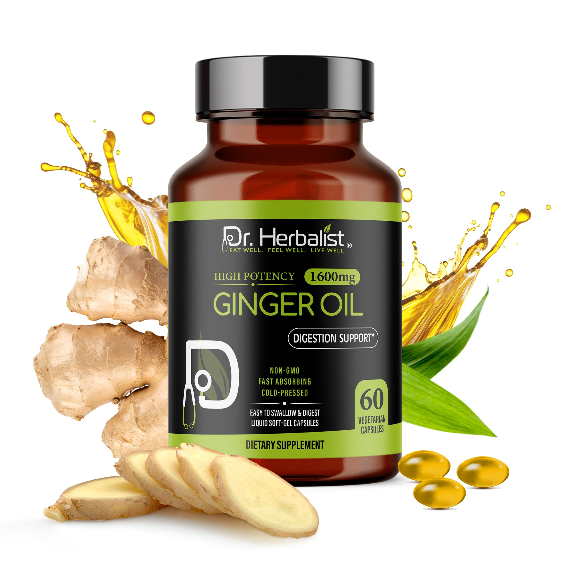 Dr. Herbalist Ginger Oil 1600mg Softgel Capsules – Natural Herbal Supplement for Daily Wellness, Energy & Balance – 60 Easy-to-Swallow Capsules