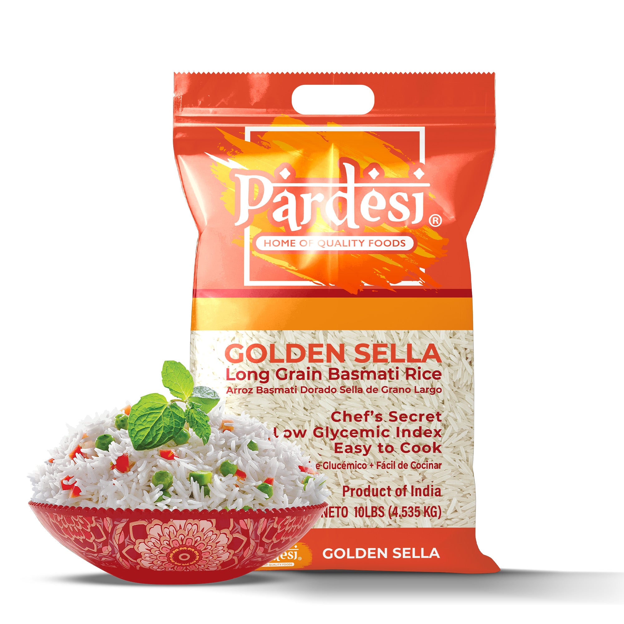 Basmati Golden Sella Parboiled Rice 10LB - Easy to Cook - Low Glycemic Index NON GMO - Made in India