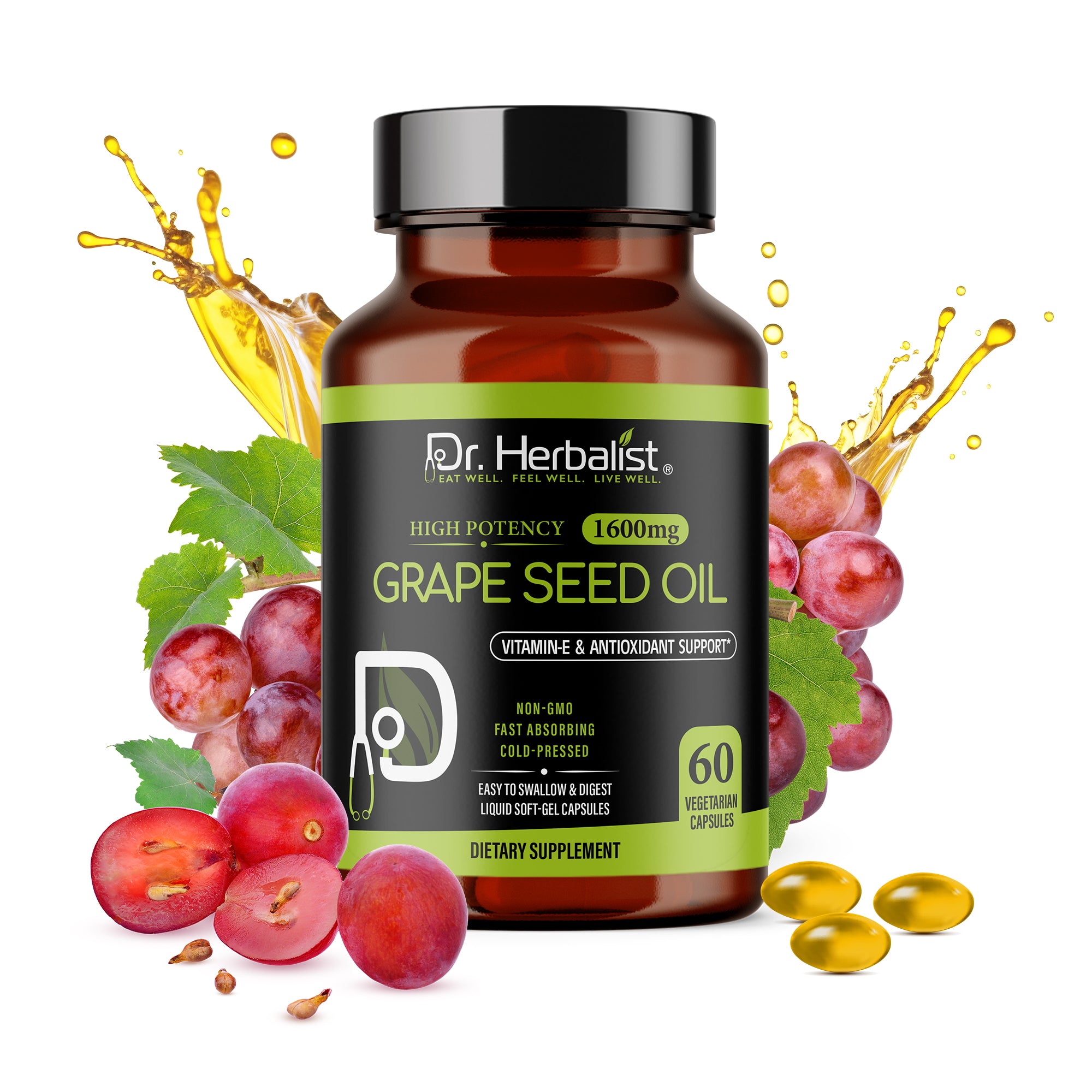 Dr Herbalist Grape Seed Oil 60 Capsules | Cold Pressed Extract | Rich in Antioxidants, Vitamin E & Omega-6 | Supports Heart, Skin, Hair & Immune Health | Herbal Supplement