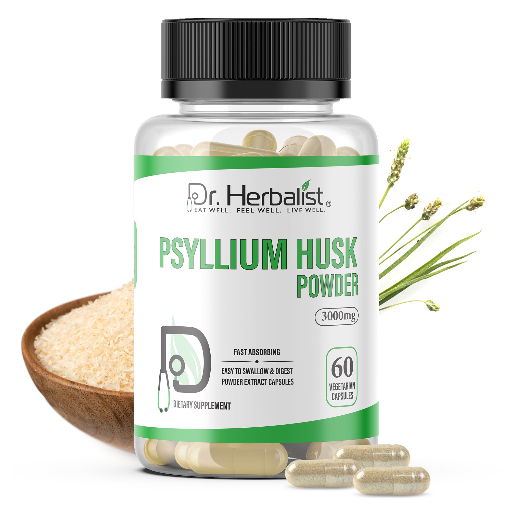 Dr. HERBALIST Psyllium Husk Extract Capsules - Plantago Ovata Soluble Fiber | Supports Digestive Regularity & Gut Wellness* | No Grit, No Mixing | Halal, Vegan | 60ct