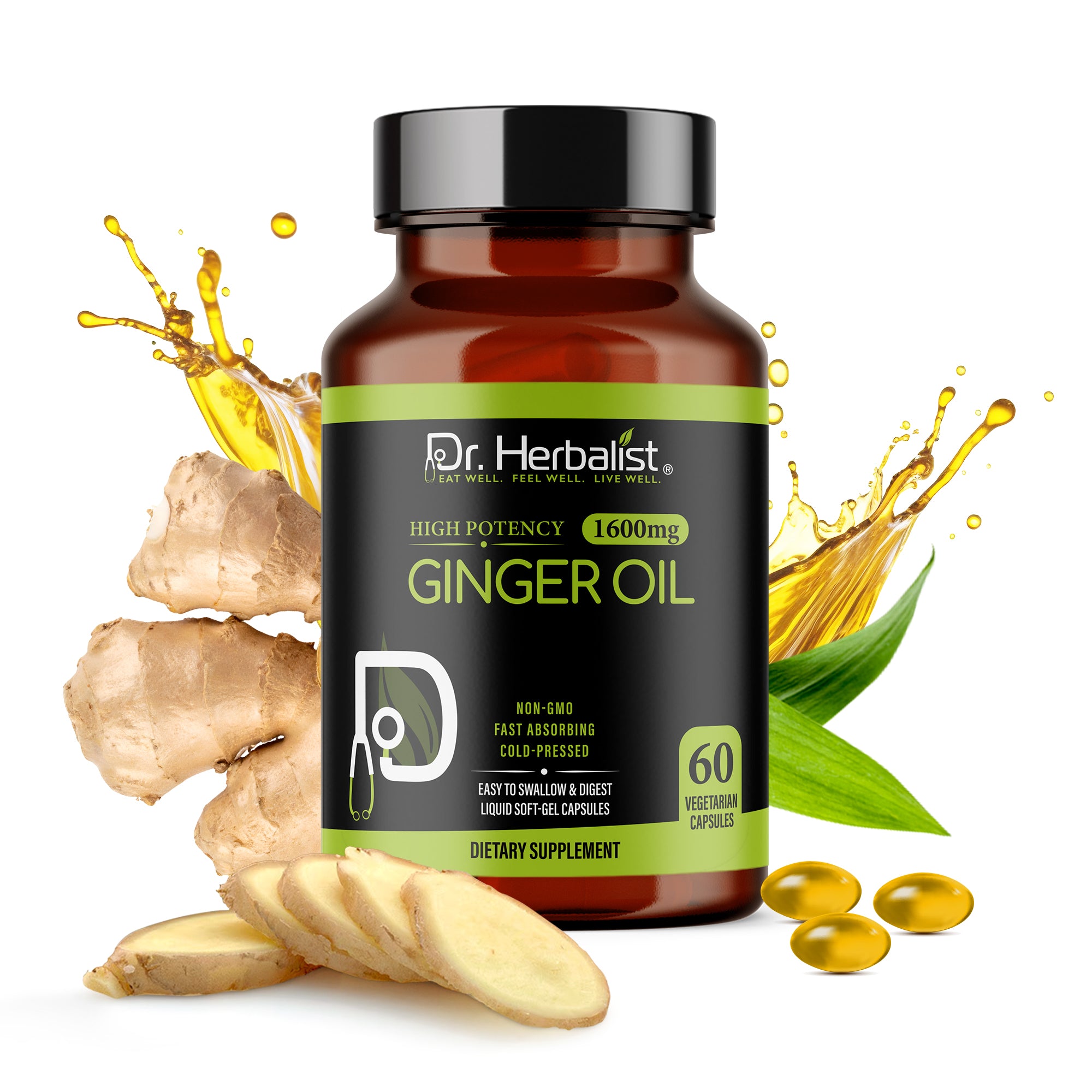Dr. HERBALIST Ginger Oil Capsules 1600mg - Cold Pressed Zingiber Officinale with Gingerols & Shogaols | Supports Digestive Comfort & Joint Wellness* | Halal, Vegan | 60ct