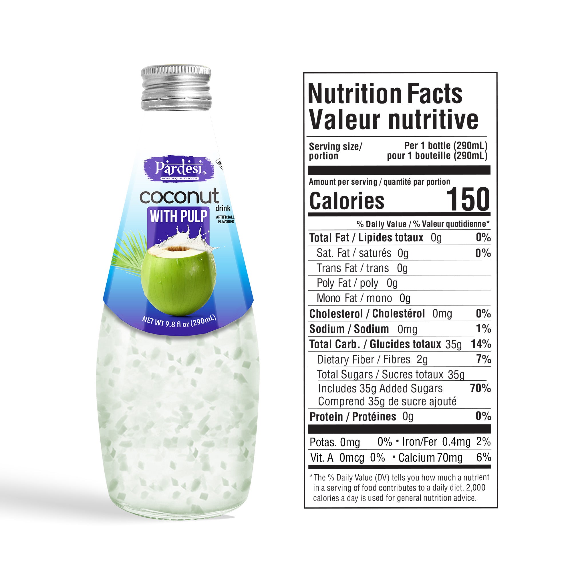 Pardesi Coconut with Pulp Basil Seed Drink 290mL - Refreshing Coconut with Pulp Beverage with Real Basil Seeds | Halal, Non-GMO, Vegan | Ready to Drink