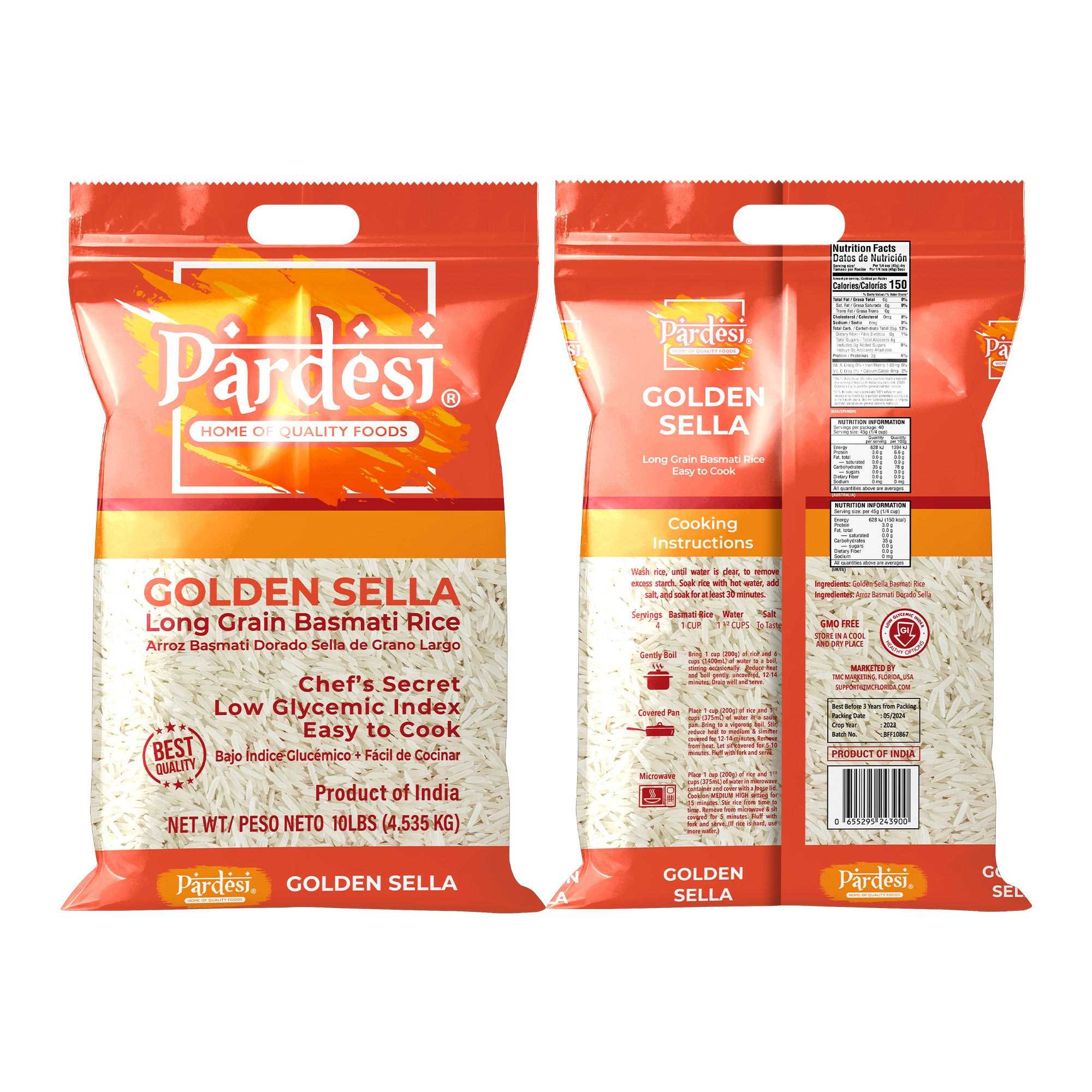 Basmati Golden Sella Parboiled Rice 10LB - Easy to Cook - Low Glycemic Index NON GMO - Made in India