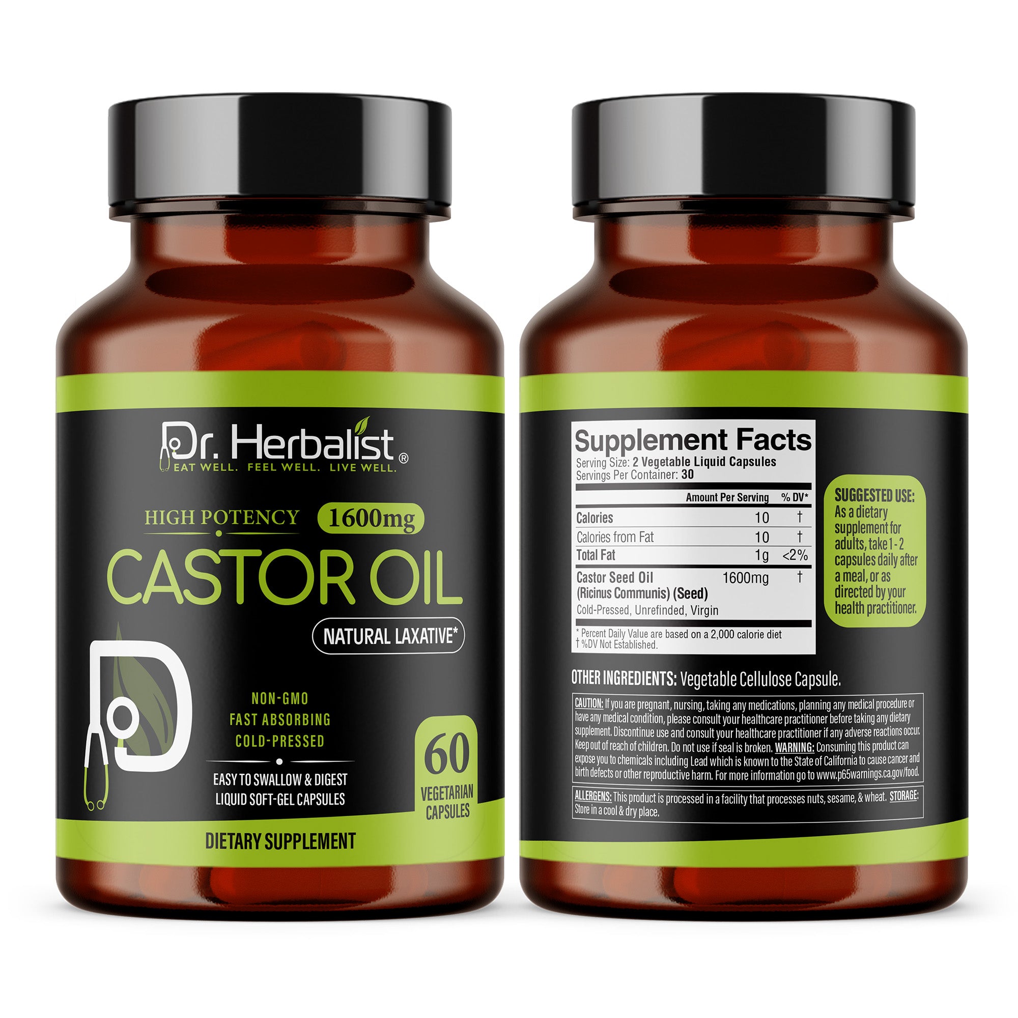 Dr. HERBALIST Castor Oil Capsules 1600mg - Cold Pressed Ricinus Communis Softgels | Supports Digestive Wellness & Hair Skin Vitality* | Halal, Non-GMO, Vegan | 60ct