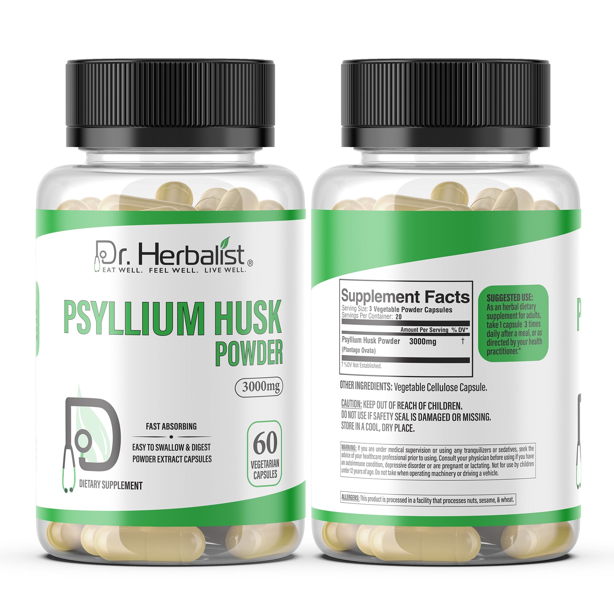Dr. HERBALIST Psyllium Husk Extract Capsules - Plantago Ovata Soluble Fiber | Supports Digestive Regularity & Gut Wellness* | No Grit, No Mixing | Halal, Vegan | 60ct