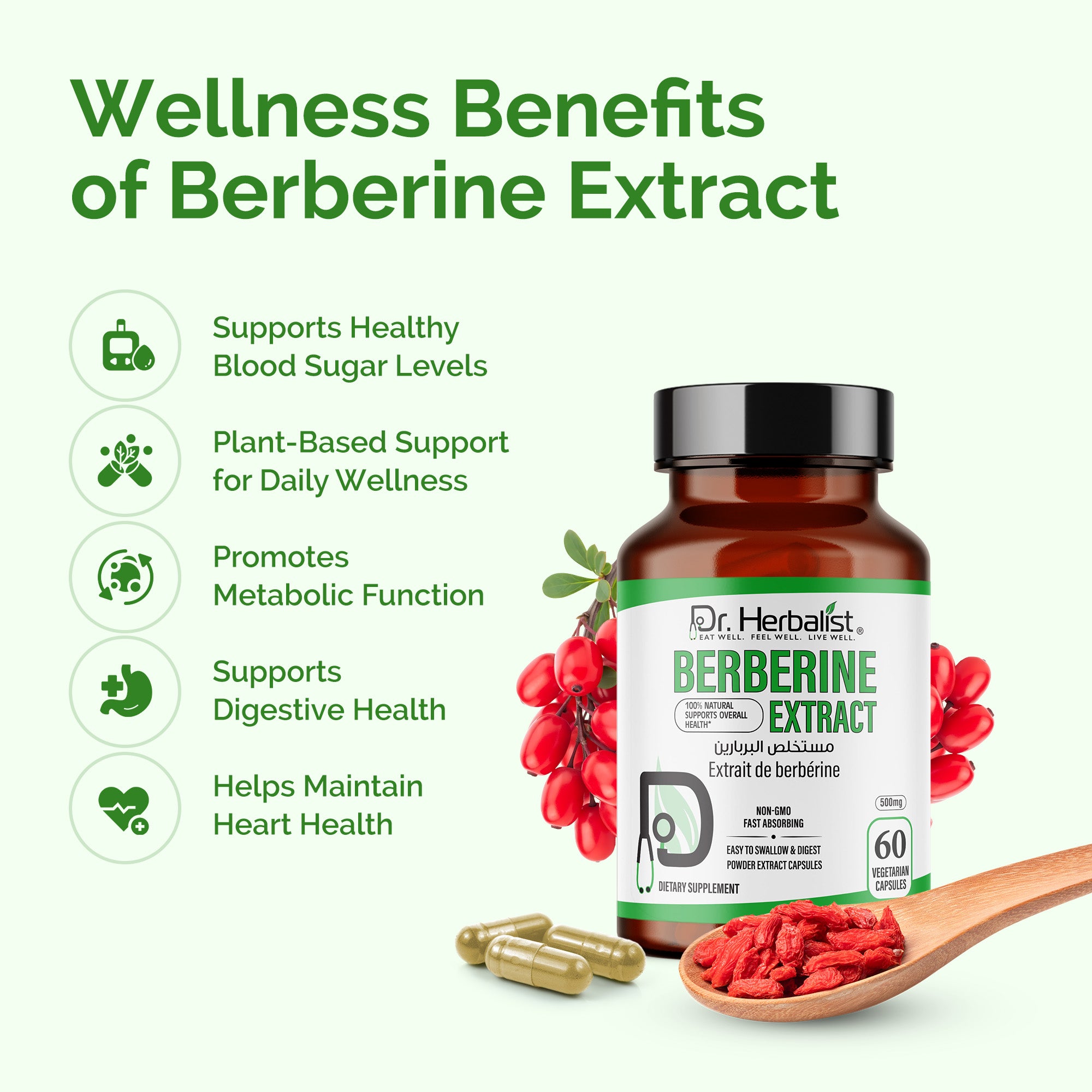 Dr. HERBALIST Berberine 500mg Capsules – Pure Berberine HCl Supplement | Supports Metabolic & Glucose Health | Herbal Formula | 60 Capsules
