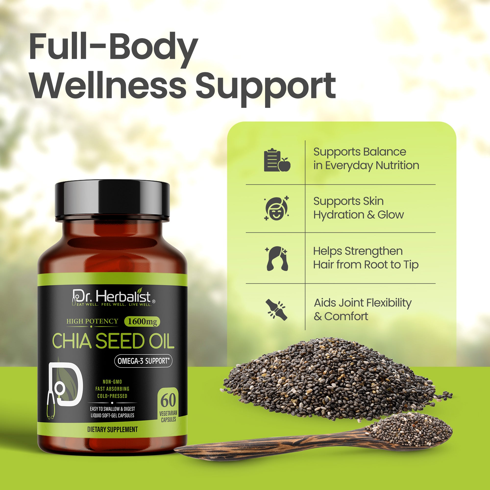 Dr Herbalist Chia Seed Oil 60 Capsules | Cold Pressed | Rich in Omega-3, Fiber & Antioxidants | Heart, Skin, Hair & Joint Health Supplement | Plant-Based Wellness