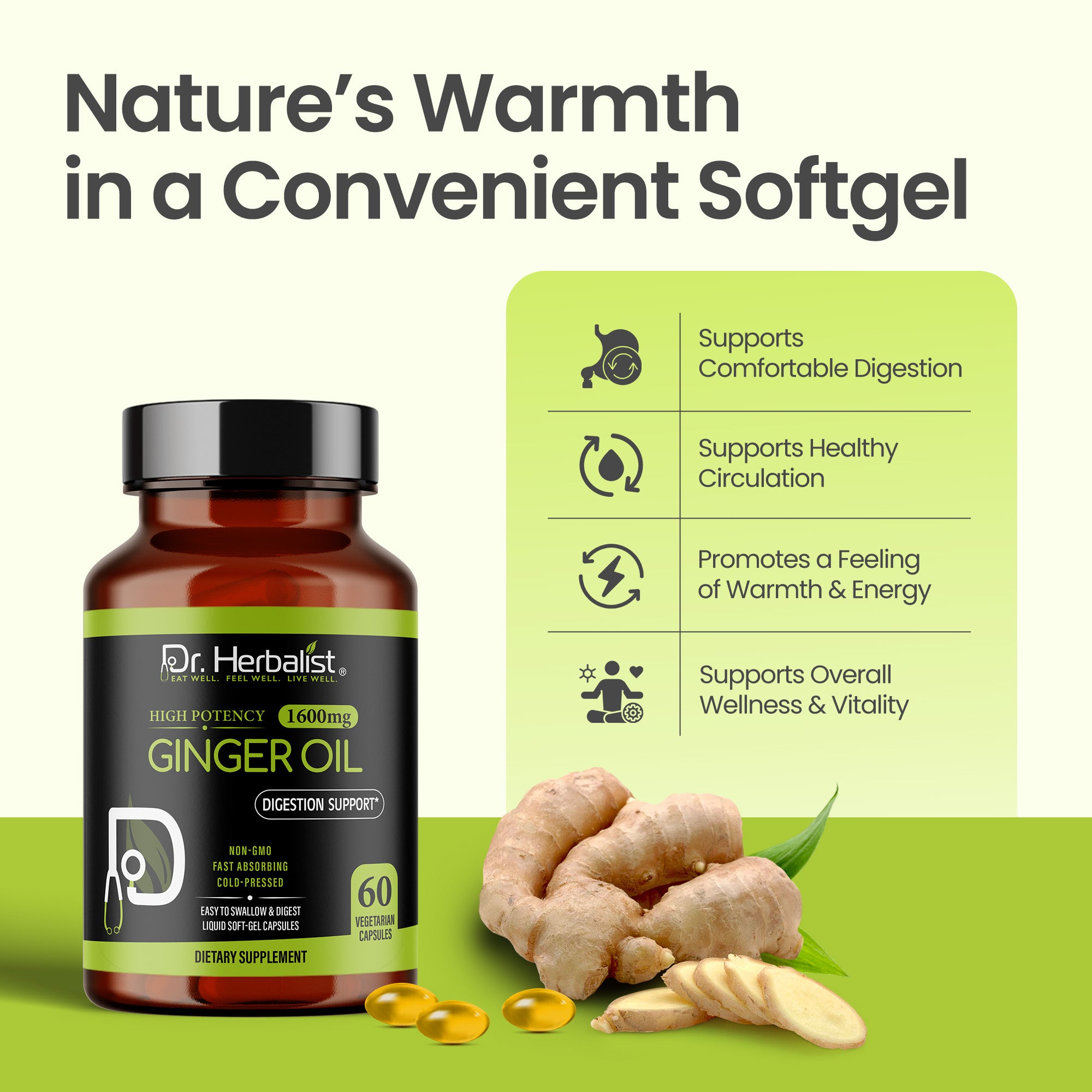 Dr. Herbalist Ginger Oil 1600mg Softgel Capsules – Natural Herbal Supplement for Daily Wellness, Energy & Balance – 60 Easy-to-Swallow Capsules