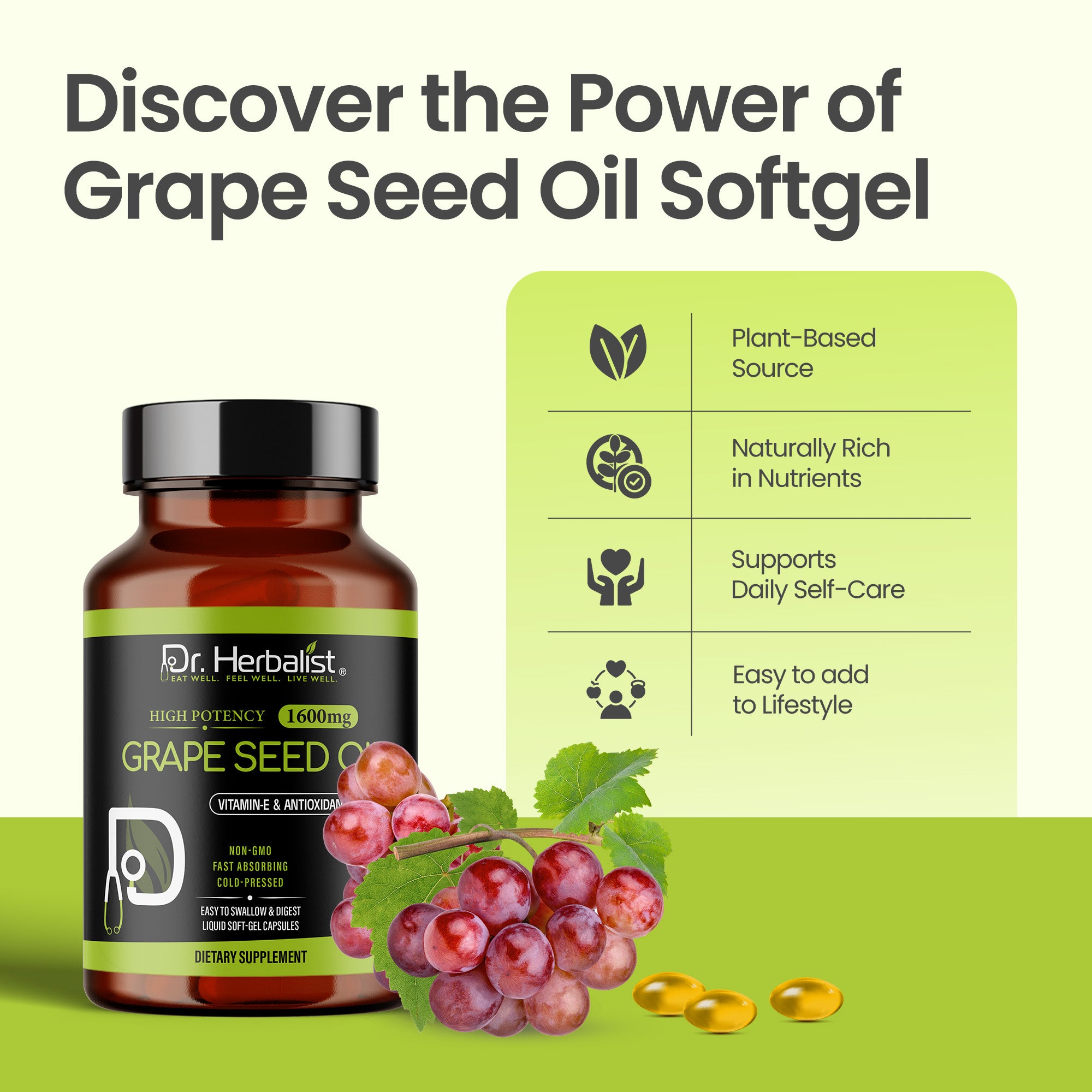 Dr Herbalist Grape Seed Oil 60 Capsules | Cold Pressed Extract | Rich in Antioxidants, Vitamin E & Omega-6 | Supports Heart, Skin, Hair & Immune Health | Herbal Supplement