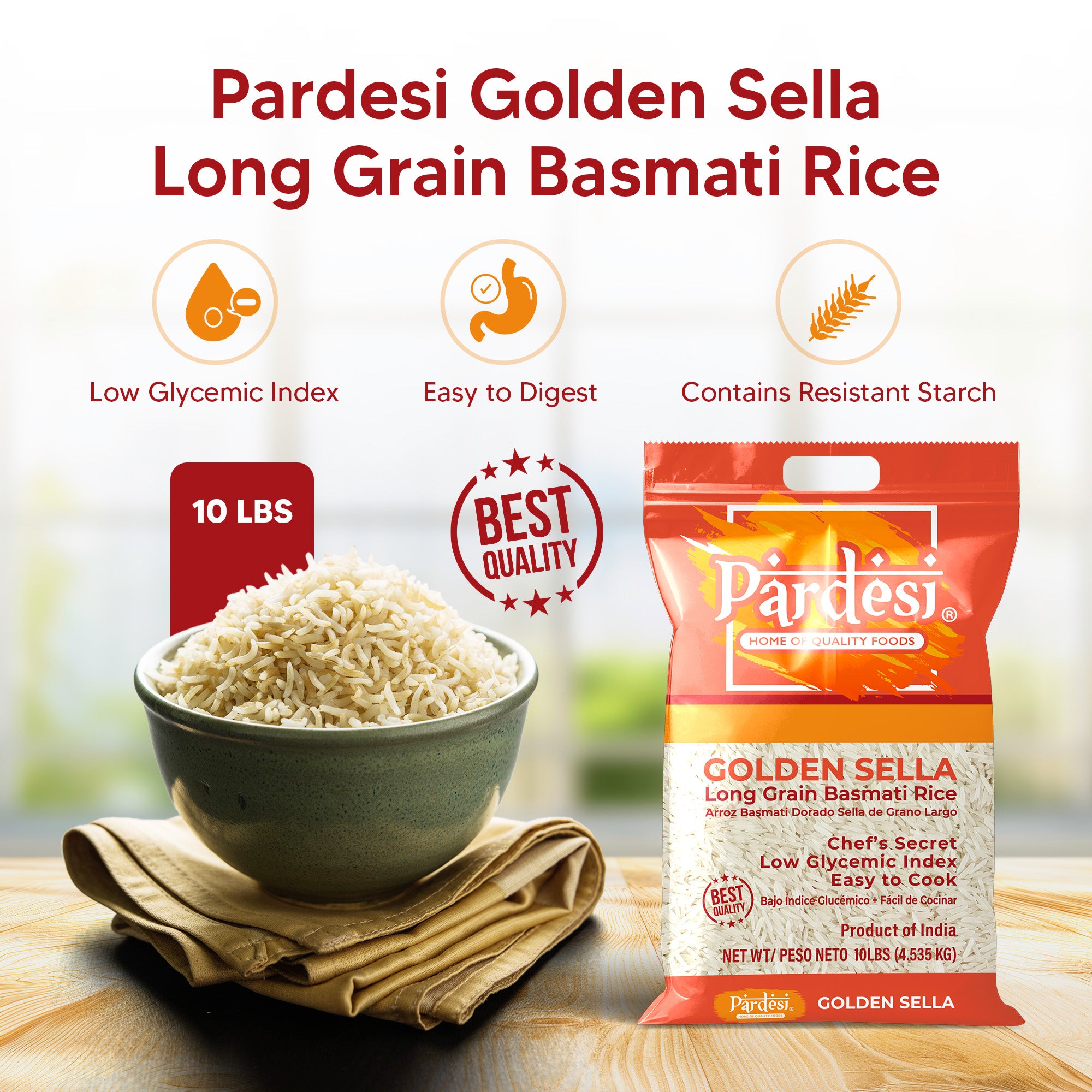 Basmati Golden Sella Parboiled Rice 10LB - Easy to Cook - Low Glycemic Index NON GMO - Made in India