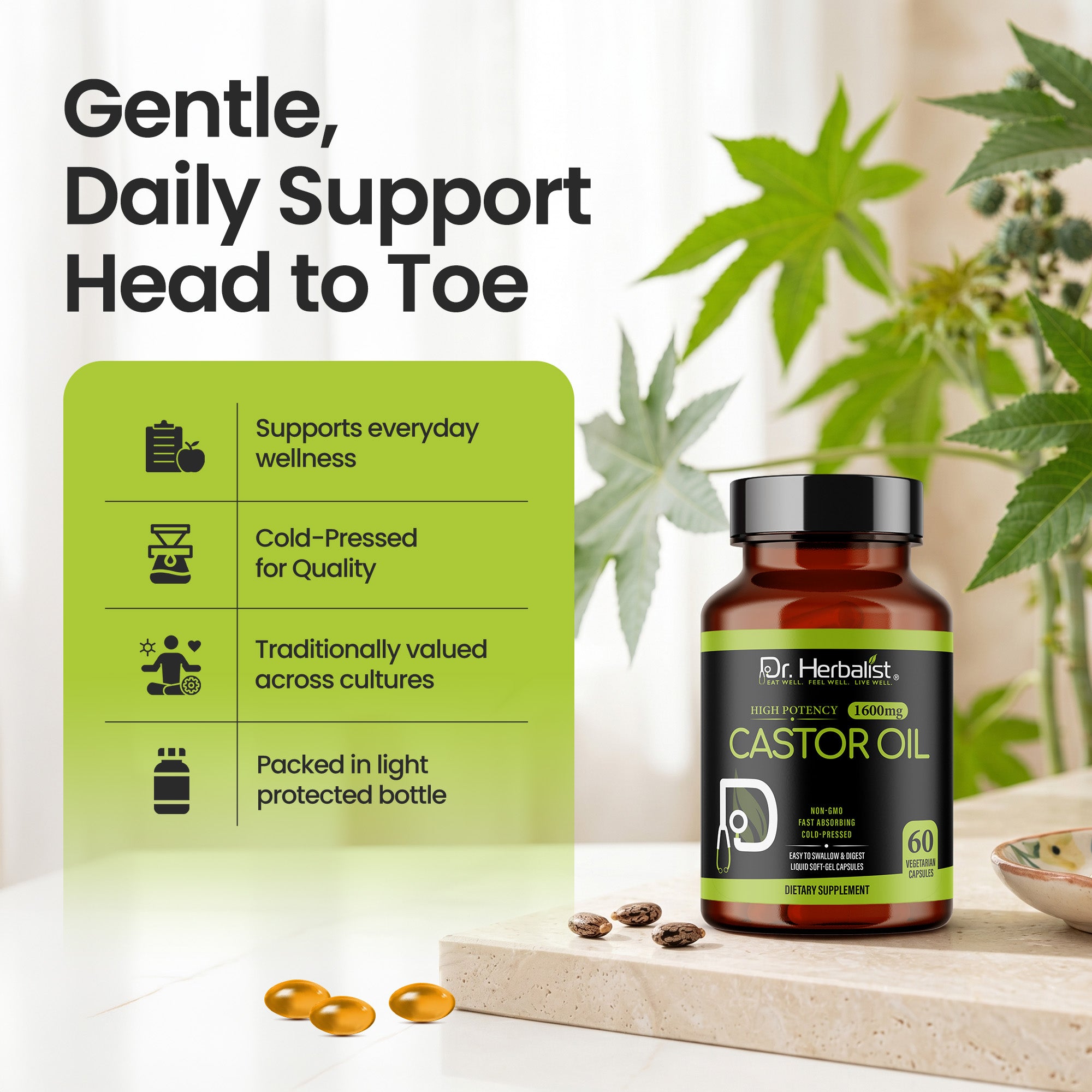 Dr. HERBALIST Castor Oil Capsules 1600mg - Cold Pressed Ricinus Communis Softgels | Supports Digestive Wellness & Hair Skin Vitality* | Halal, Non-GMO, Vegan | 60ct