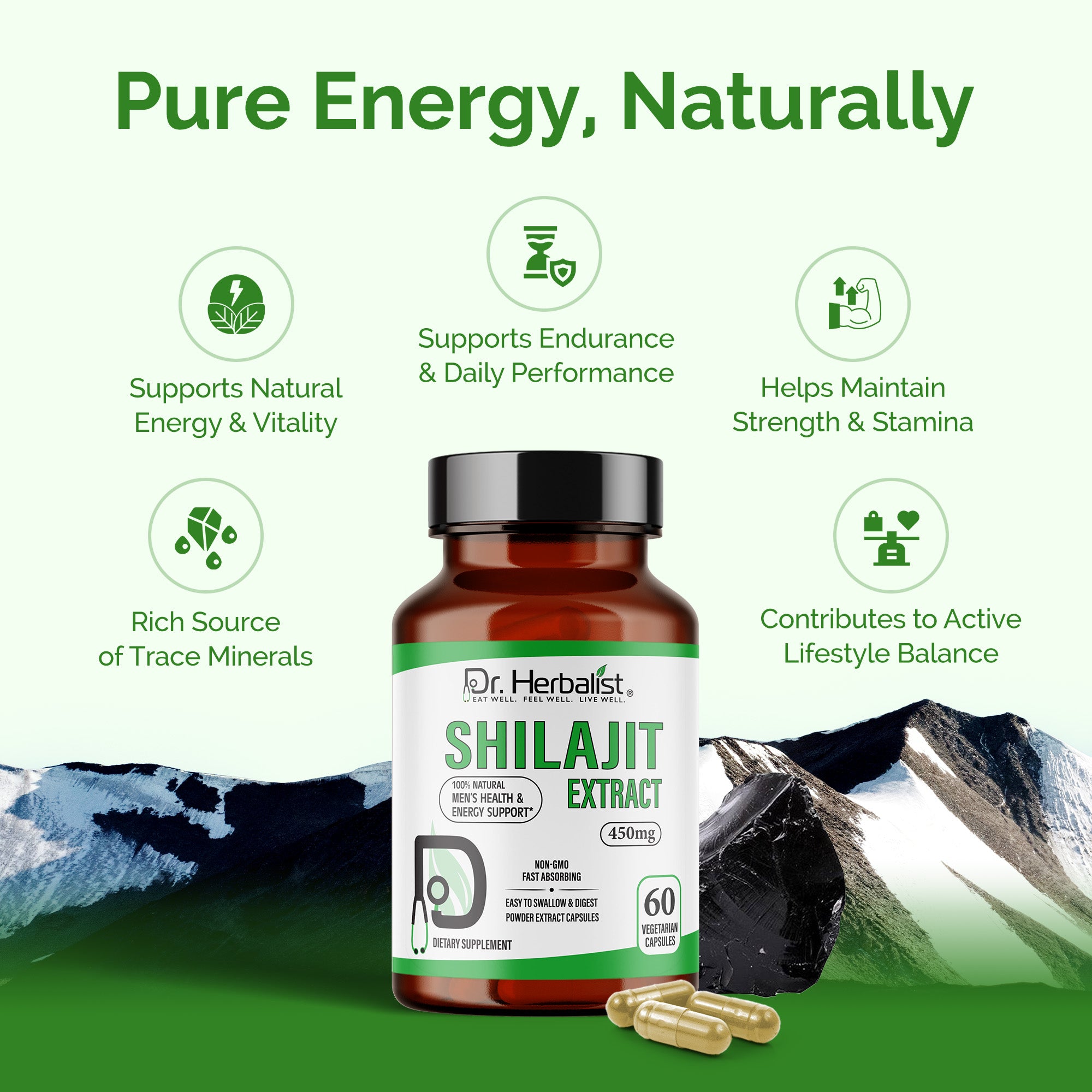 Dr. HERBALIST Shilajit Extract Capsules 450mg - Himalayan Mineral Resin with Fulvic Acid & 80+ Trace Minerals | Supports Energy Vitality & Stamina* | Halal, Vegan | 60ct