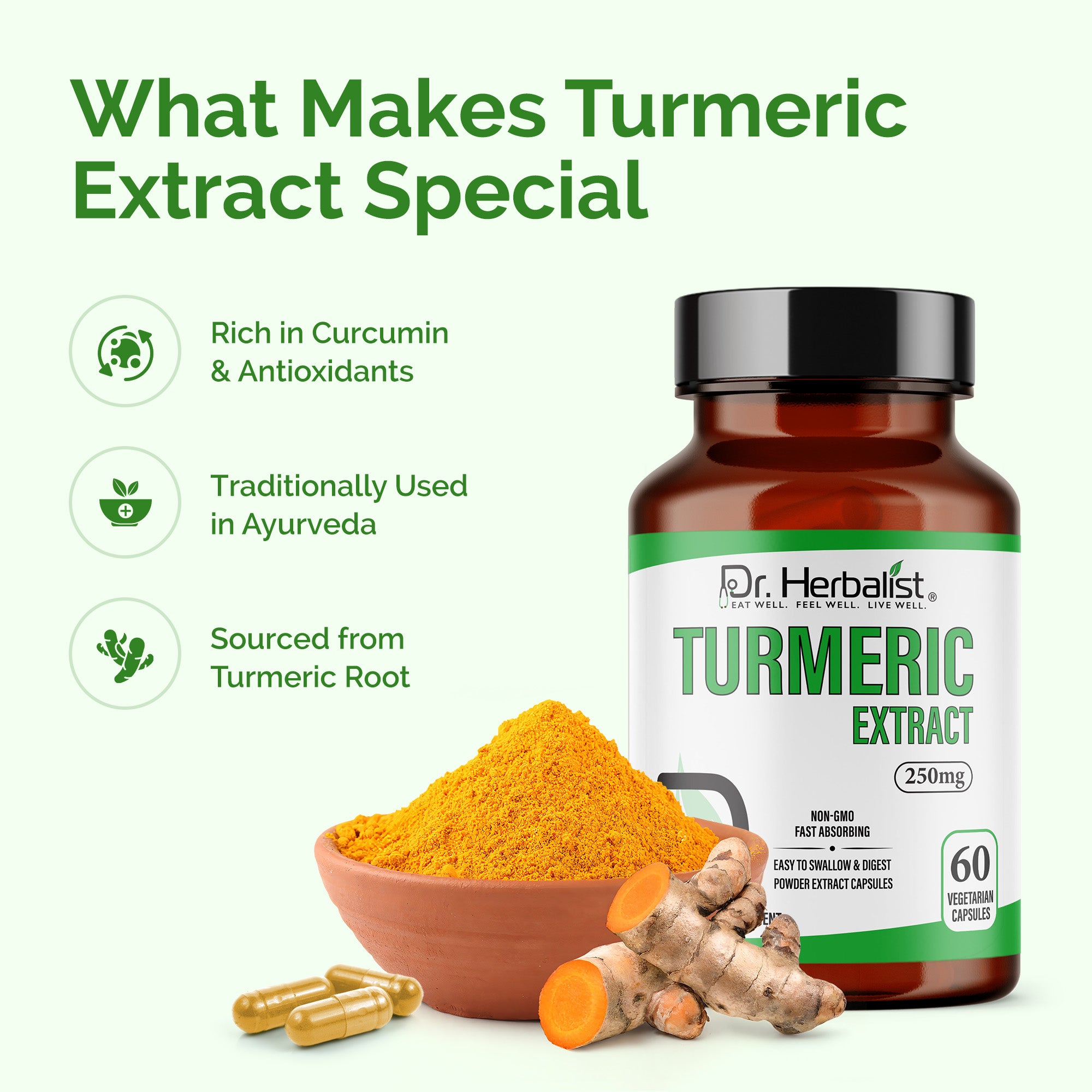 Dr. HERBALIST Turmeric Extract Capsules 250mg - Curcuma Longa Curcuminoid Concentrate | Supports Joint Comfort & Antioxidant Wellness* | Halal, Vegan | 60ct