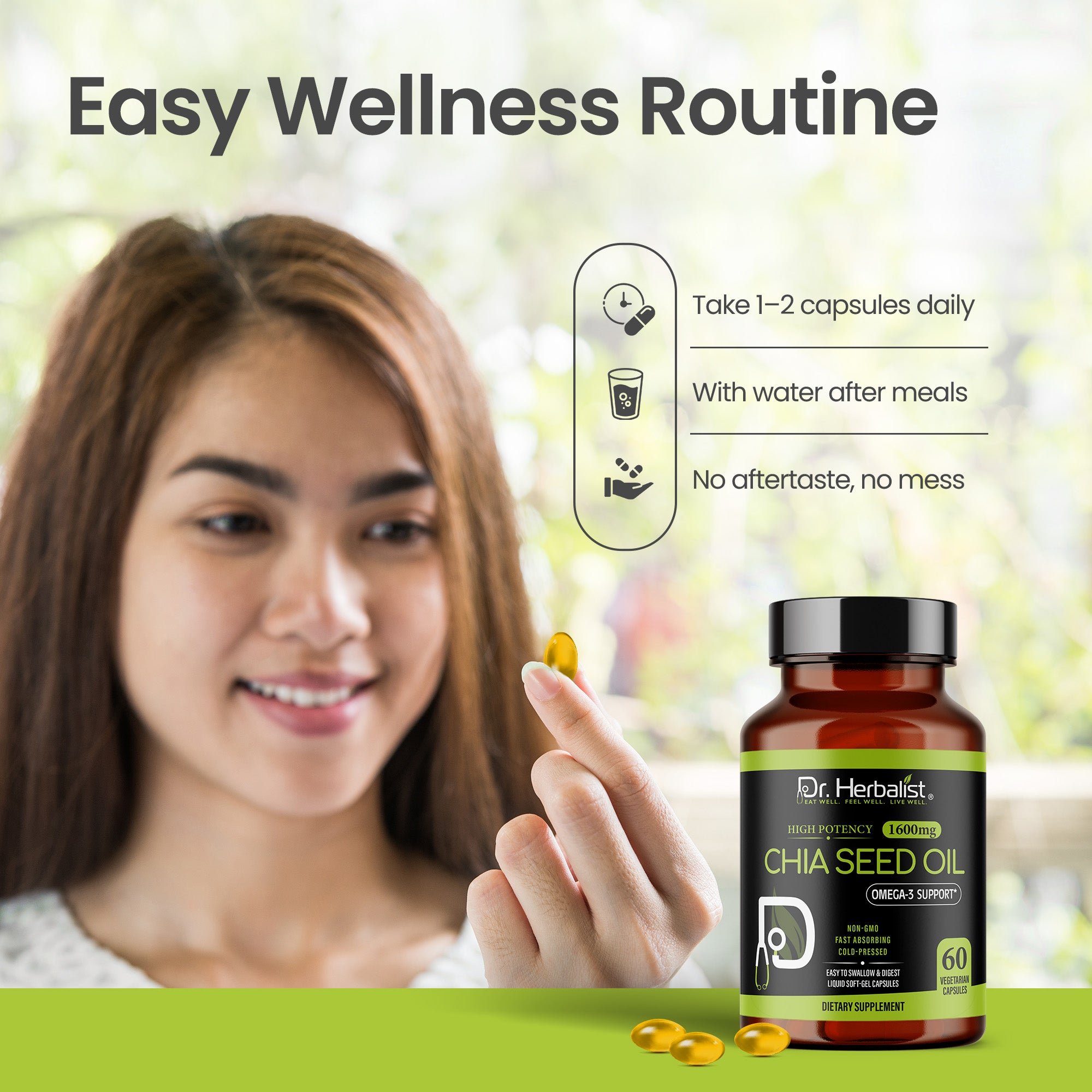 Dr Herbalist Chia Seed Oil 60 Capsules | Cold Pressed | Rich in Omega-3, Fiber & Antioxidants | Heart, Skin, Hair & Joint Health Supplement | Plant-Based Wellness