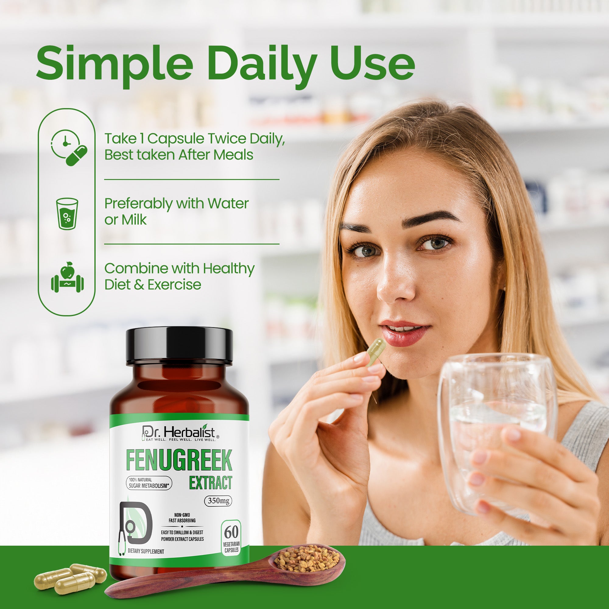 Dr. HERBALIST Fenugreek Extract Capsules 350mg - Trigonella Foenum-Graecum with Saponins & 4-Hydroxyisoleucine | Supports Digestive Comfort & Women's Wellness* | Halal, Vegan | 60ct