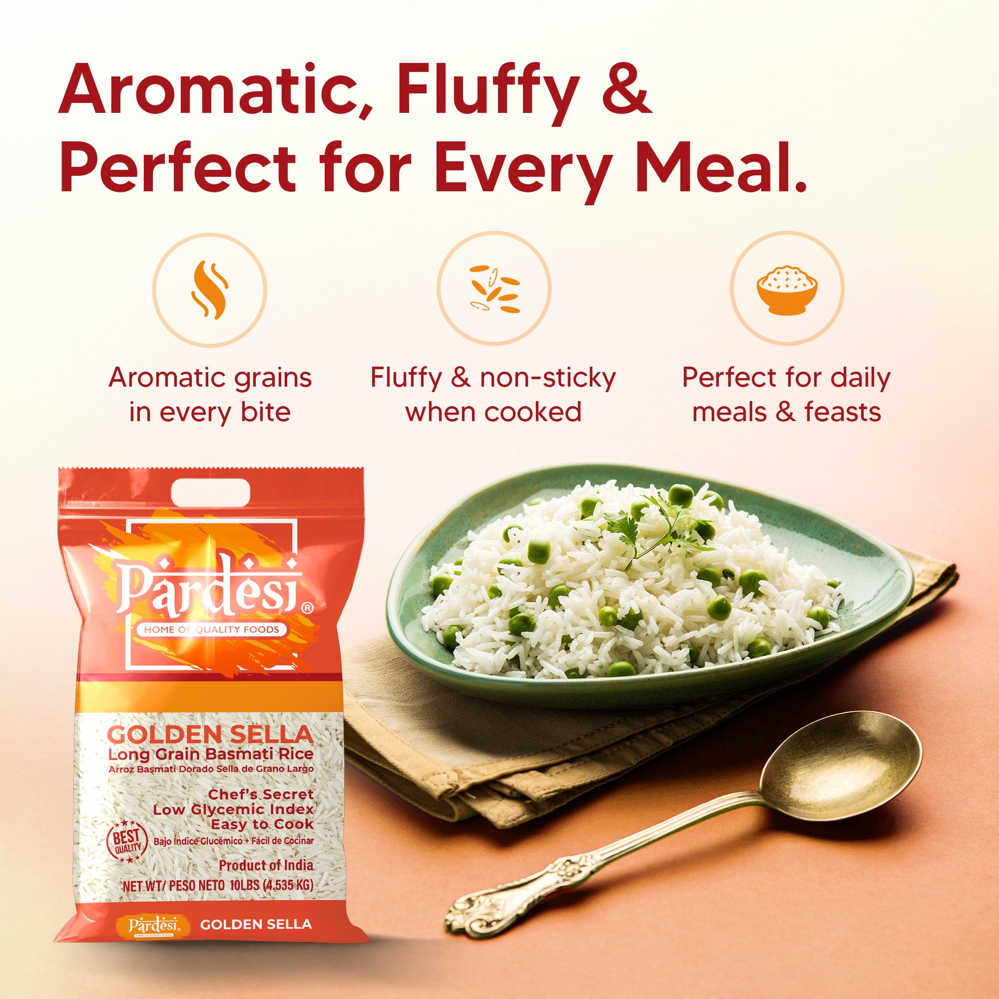 Basmati Golden Sella Parboiled Rice 10LB - Easy to Cook - Low Glycemic Index NON GMO - Made in India