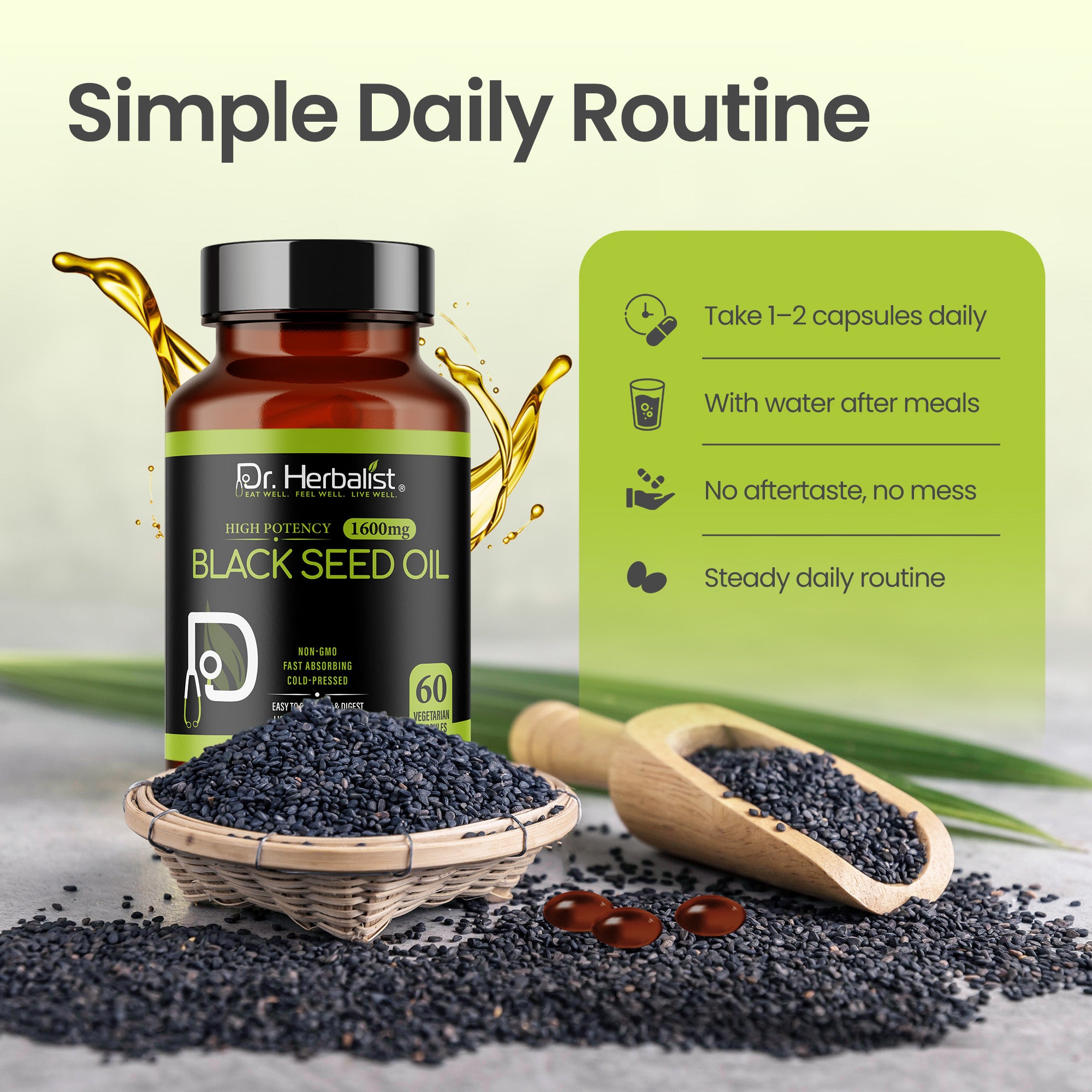 Dr. HERBALIST Black Seed Oil Capsules 1600mg - Cold Pressed Nigella Sativa Softgels with Thymoquinone | Supports Overall Wellness & Immune Vitality* | Halal, Non-GMO | 60ct