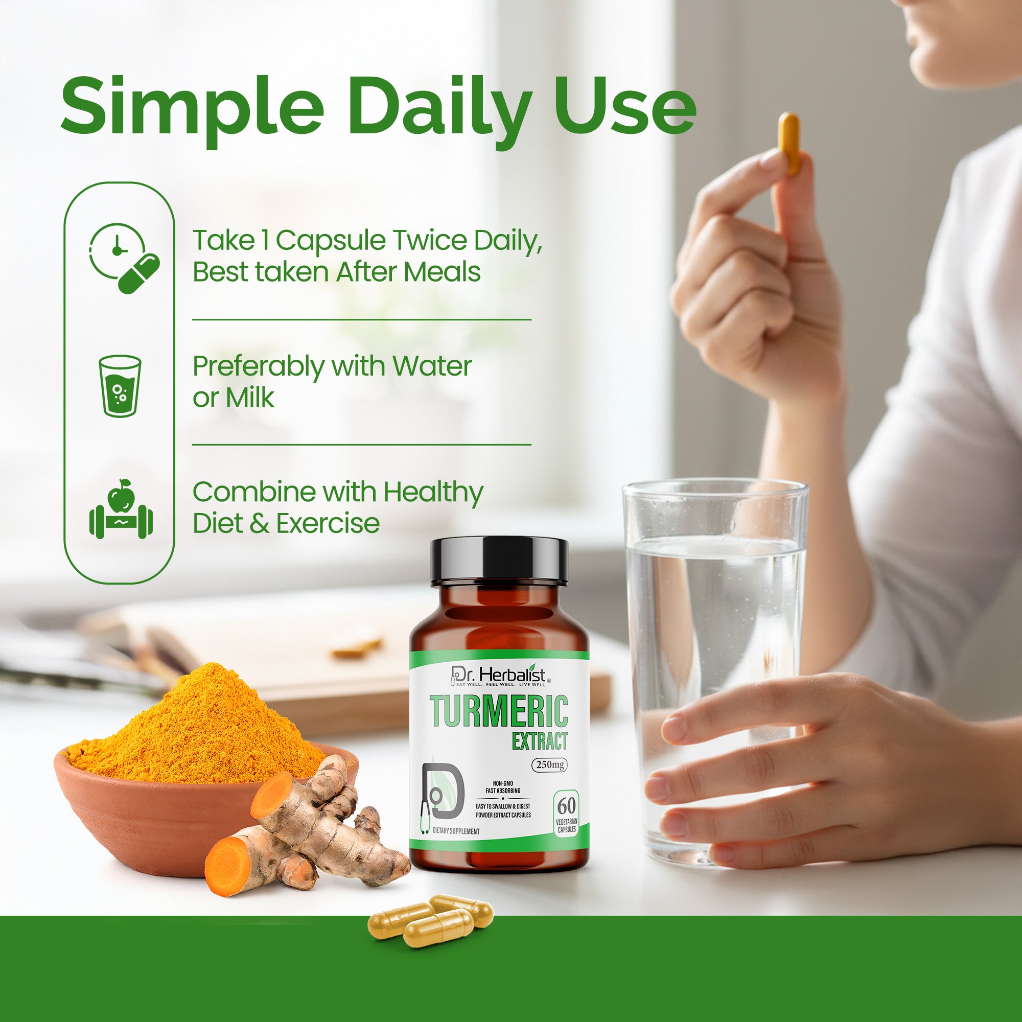 Dr. HERBALIST Turmeric Extract Capsules 250mg - Curcuma Longa Curcuminoid Concentrate | Supports Joint Comfort & Antioxidant Wellness* | Halal, Vegan | 60ct
