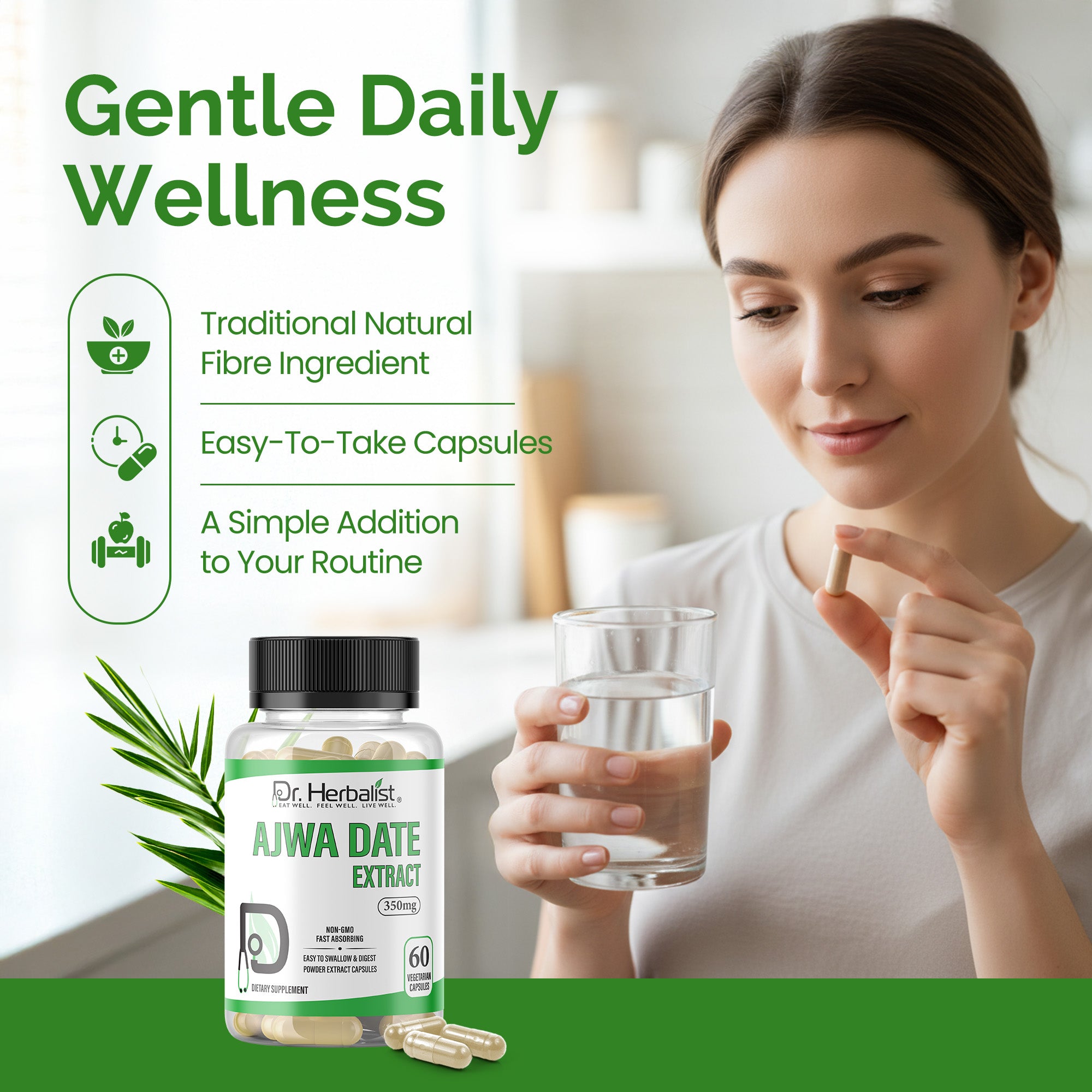 Dr. HERBALIST Ajwa Date Extract Capsules 350mg - Premium Phoenix Dactylifera from Madinah with Polyphenols & Flavonoids | Supports Heart Wellness & Nourishment* | Halal, Vegan | 60ct
