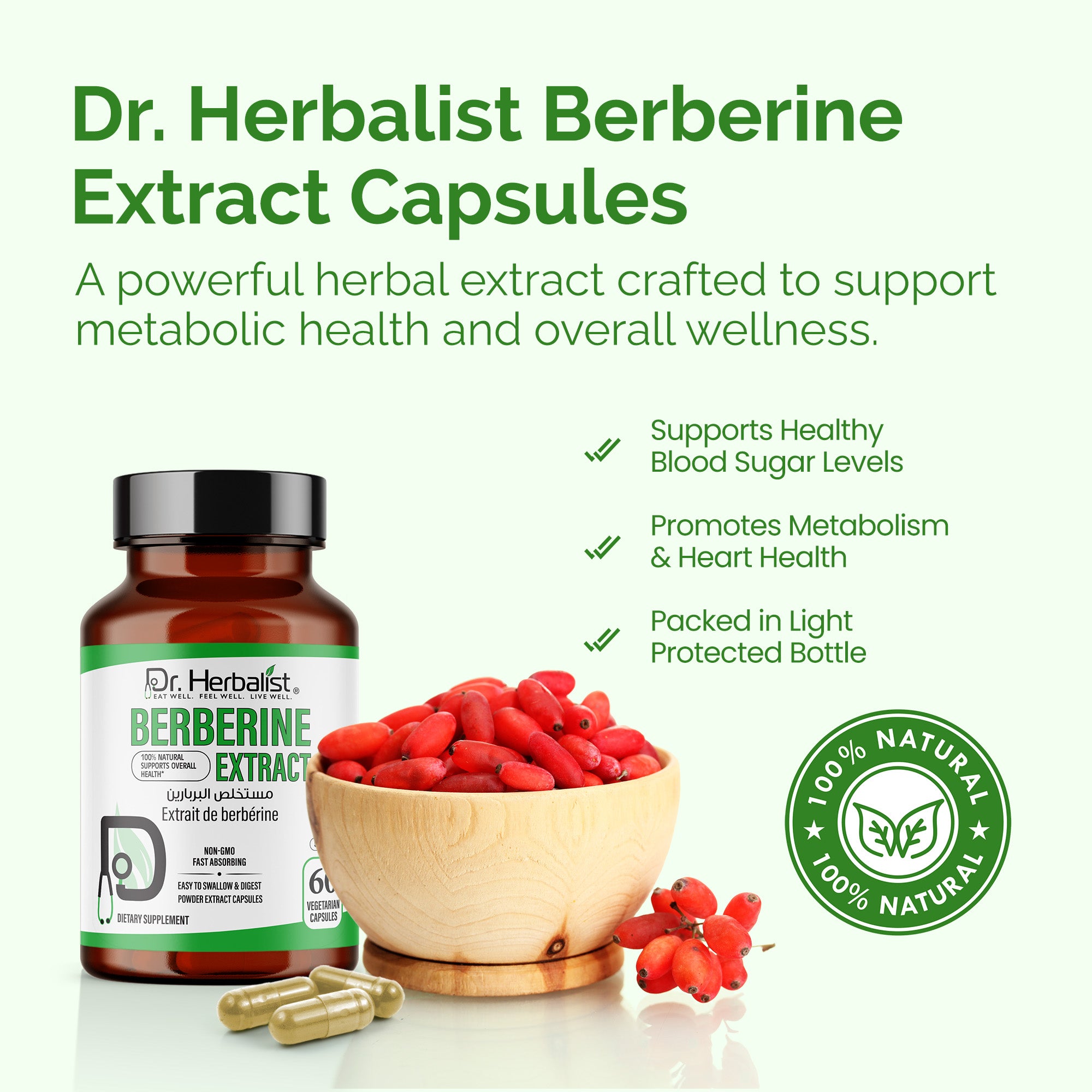 Dr. HERBALIST Berberine 500mg Capsules – Pure Berberine HCl Supplement | Supports Metabolic & Glucose Health | Herbal Formula | 60 Capsules
