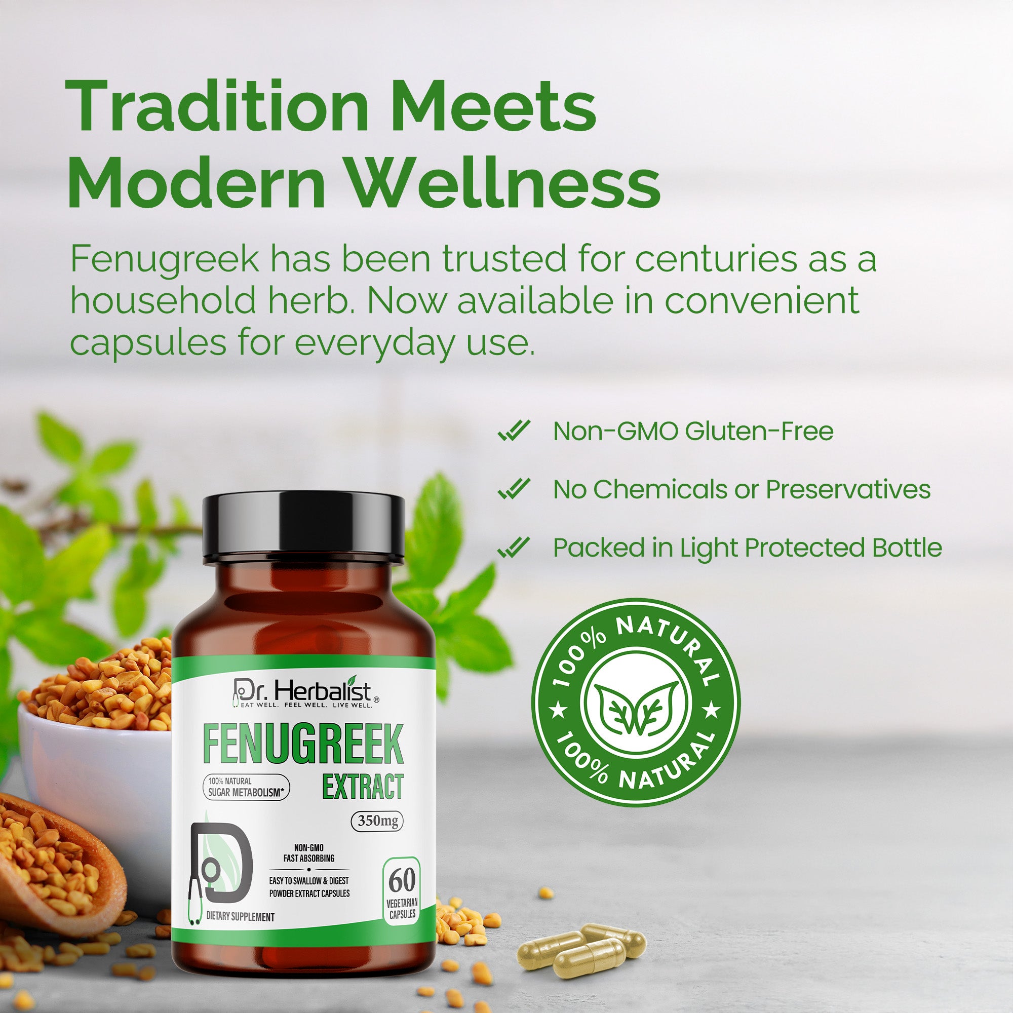 Dr. HERBALIST Fenugreek Extract Capsules 350mg - Trigonella Foenum-Graecum with Saponins & 4-Hydroxyisoleucine | Supports Digestive Comfort & Women's Wellness* | Halal, Vegan | 60ct