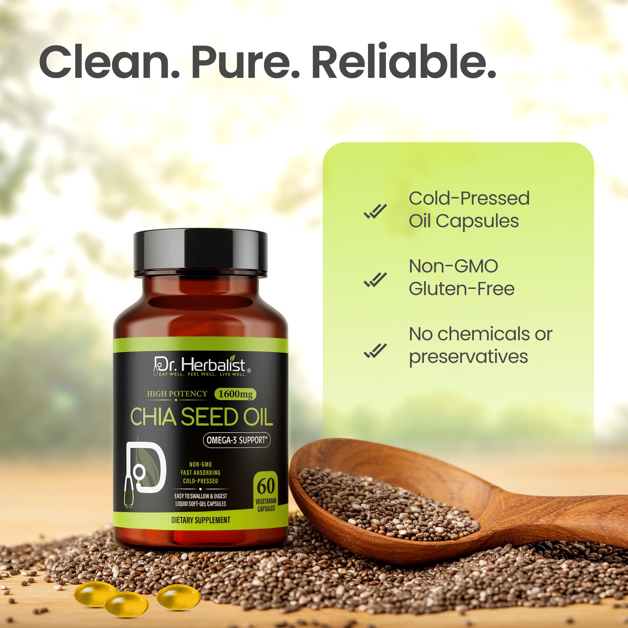 Dr Herbalist Chia Seed Oil 60 Capsules | Cold Pressed | Rich in Omega-3, Fiber & Antioxidants | Heart, Skin, Hair & Joint Health Supplement | Plant-Based Wellness