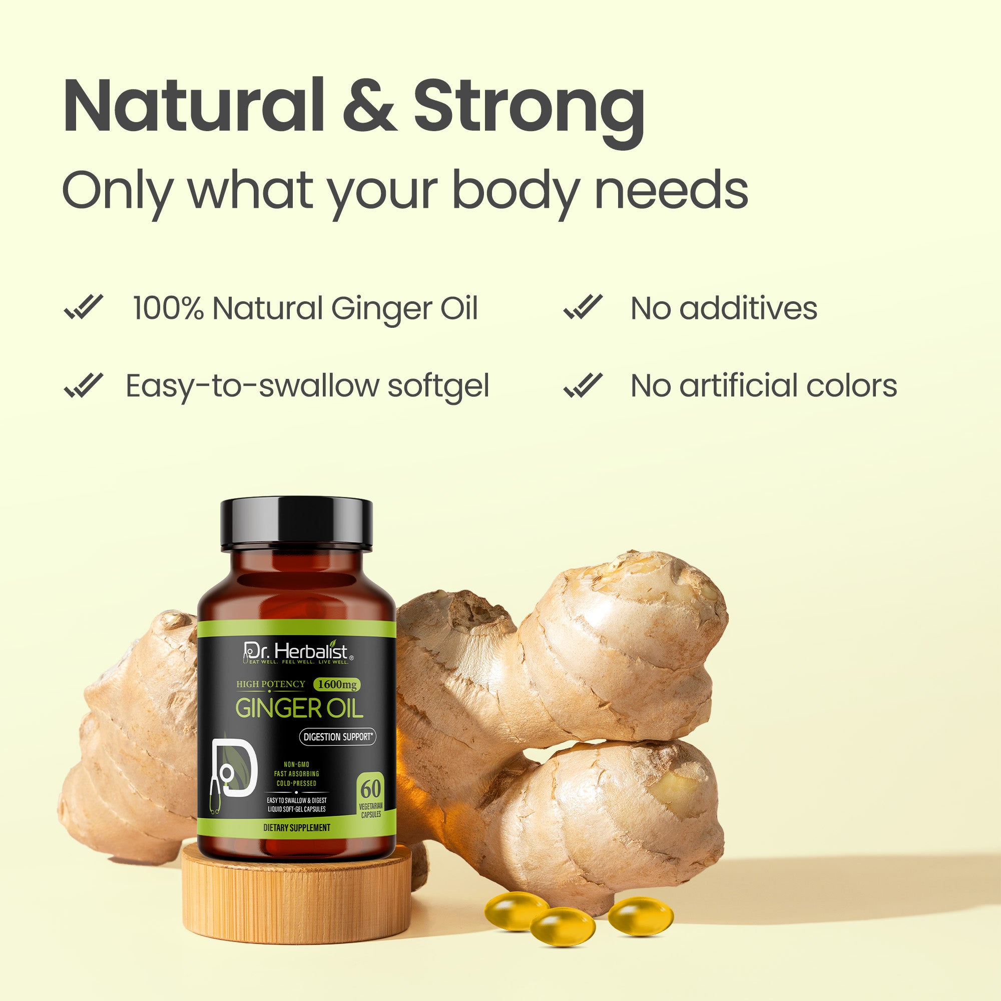 Dr. Herbalist Ginger Oil 1600mg Softgel Capsules – Natural Herbal Supplement for Daily Wellness, Energy & Balance – 60 Easy-to-Swallow Capsules