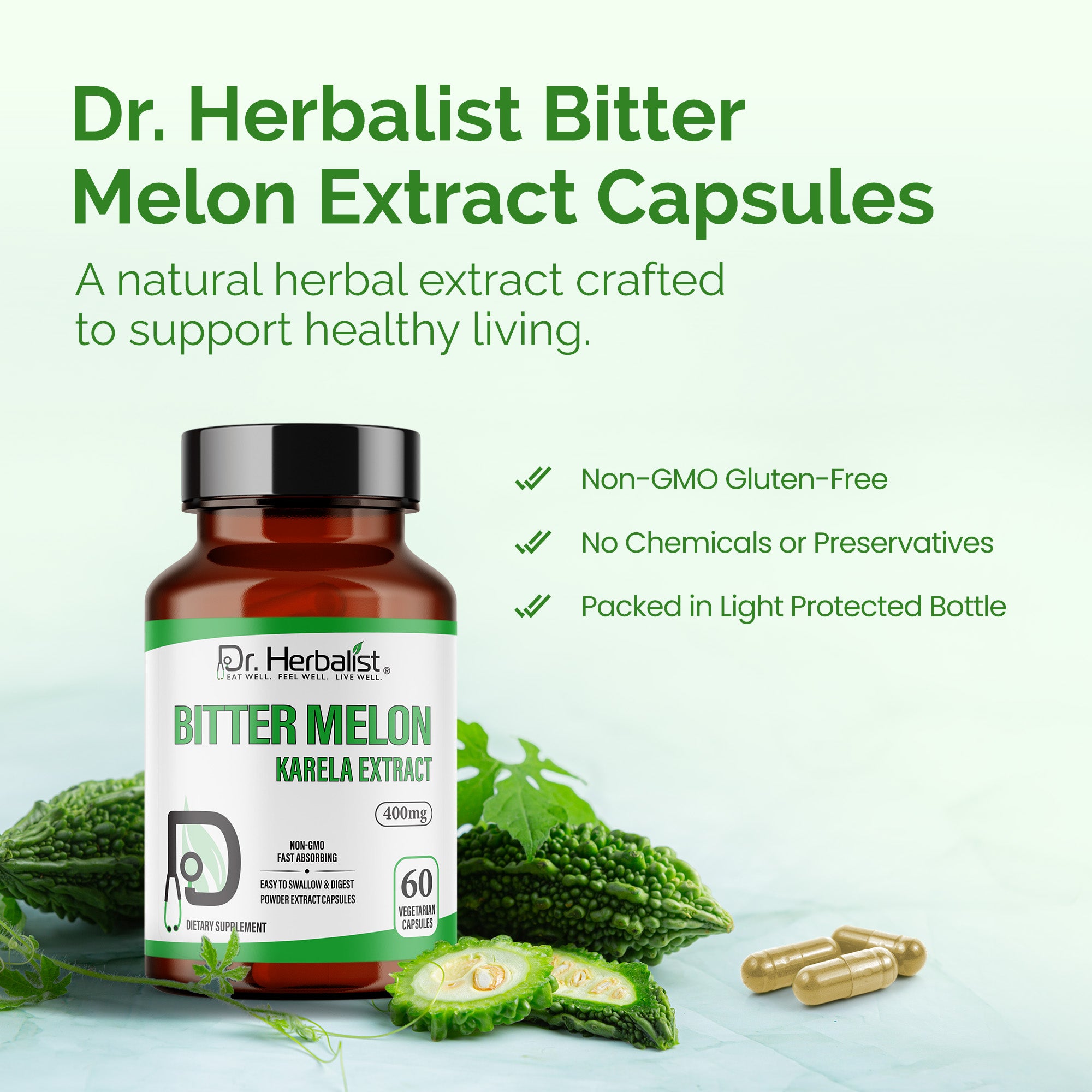 Dr. HERBALIST Bitter Melon Extract Capsules - 400mg, 60 Count | Boosts Immunity, Energy & Vitality | Supports Digestion & Blood Sugar Levels. (Equivalent to 4000mg Bitter Melon Powder)