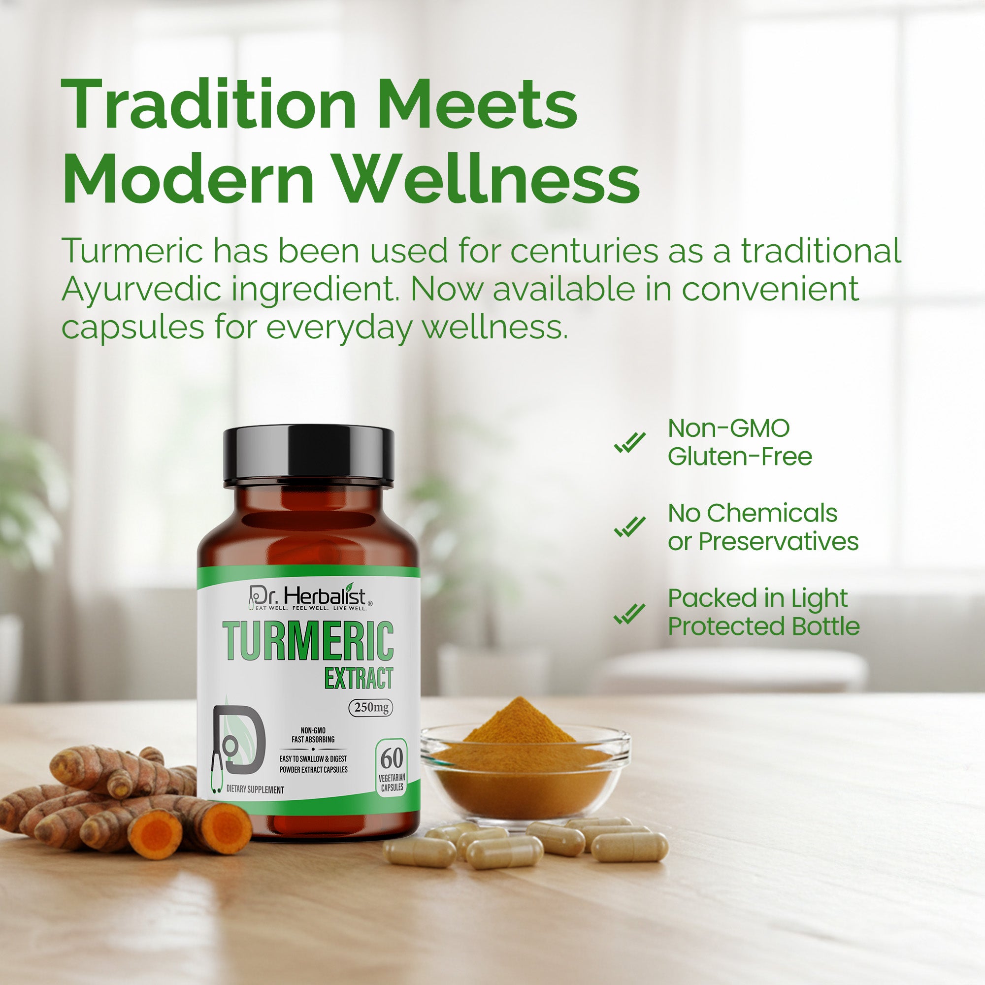 Dr. HERBALIST Turmeric Extract Capsules 250mg - Curcuma Longa Curcuminoid Concentrate | Supports Joint Comfort & Antioxidant Wellness* | Halal, Vegan | 60ct